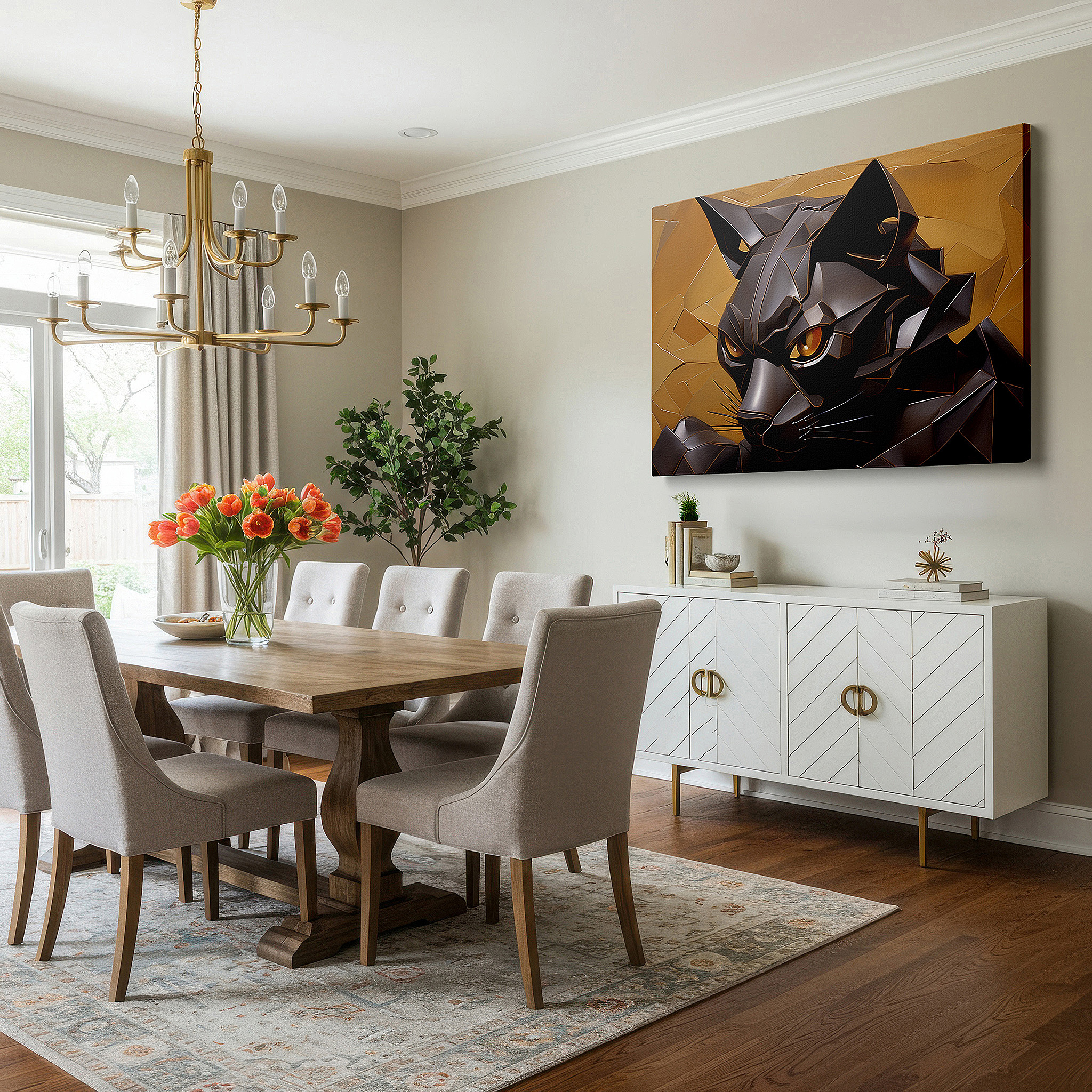 Perfectly sized at 45×30 cm for accenting shelves or narrow walls — stunning large black cat sculpture wall art with bold geometric patterns and golden eyes, perfect for office or bedroom decor