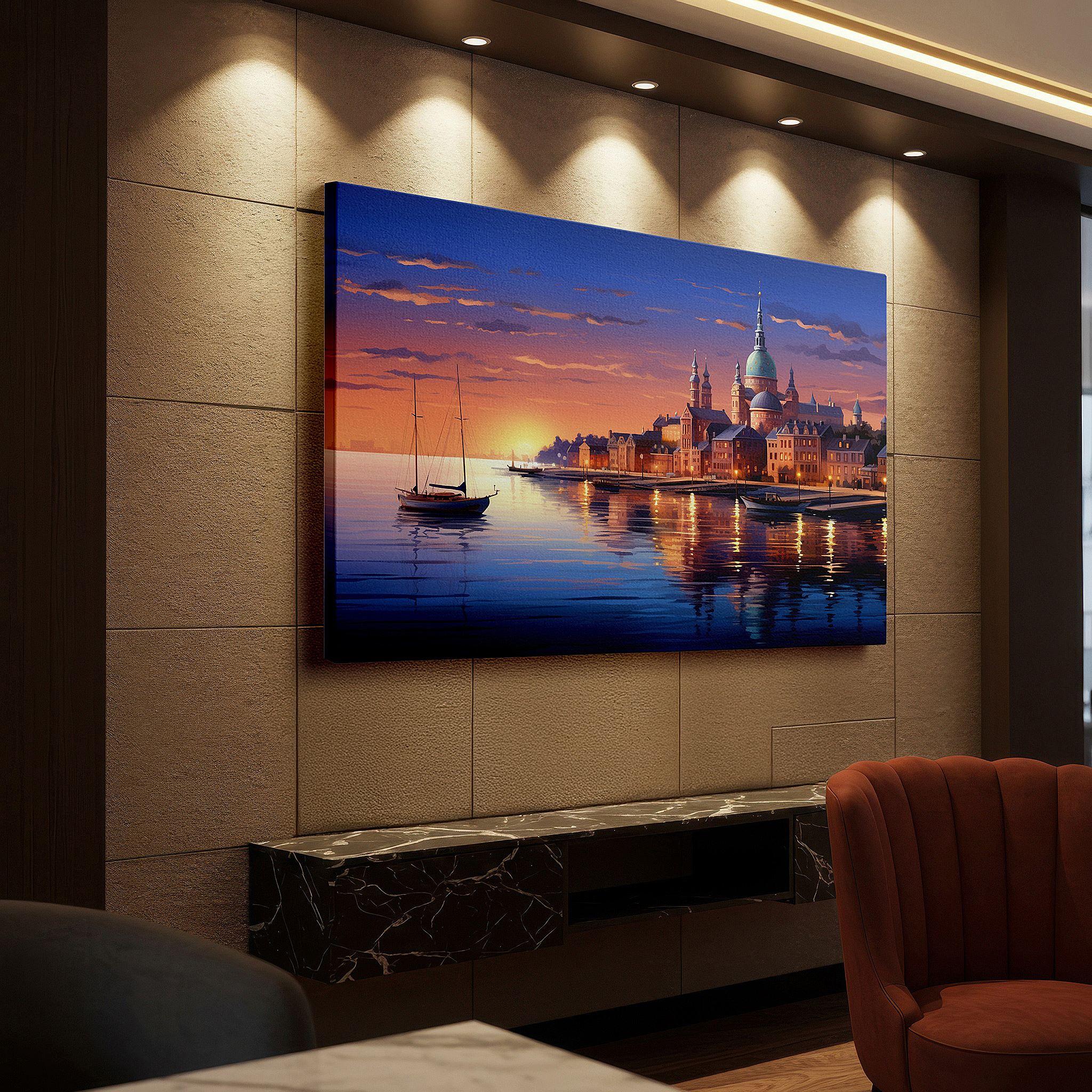 Perfectly sized at 45×30 cm for accenting shelves or narrow walls — sunset embrace over tranquil waters and historic shores: large canvas wall art for office, bedroom, and living room decor