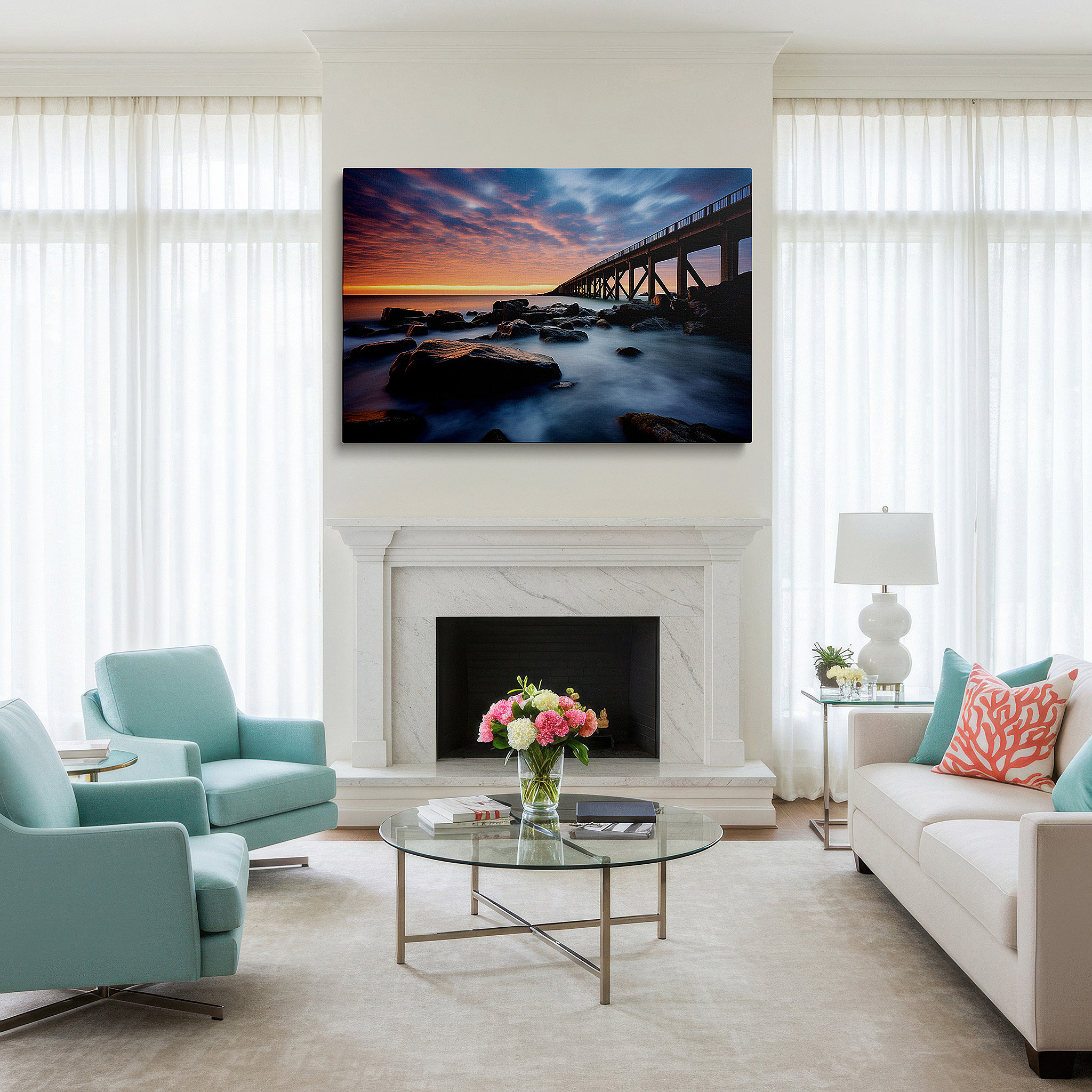 Perfectly sized at 45×30 cm for accenting shelves or narrow walls — sunset over tranquil waters and rocky coastline with arched bridge large canvas wall art for office and bedroom decor