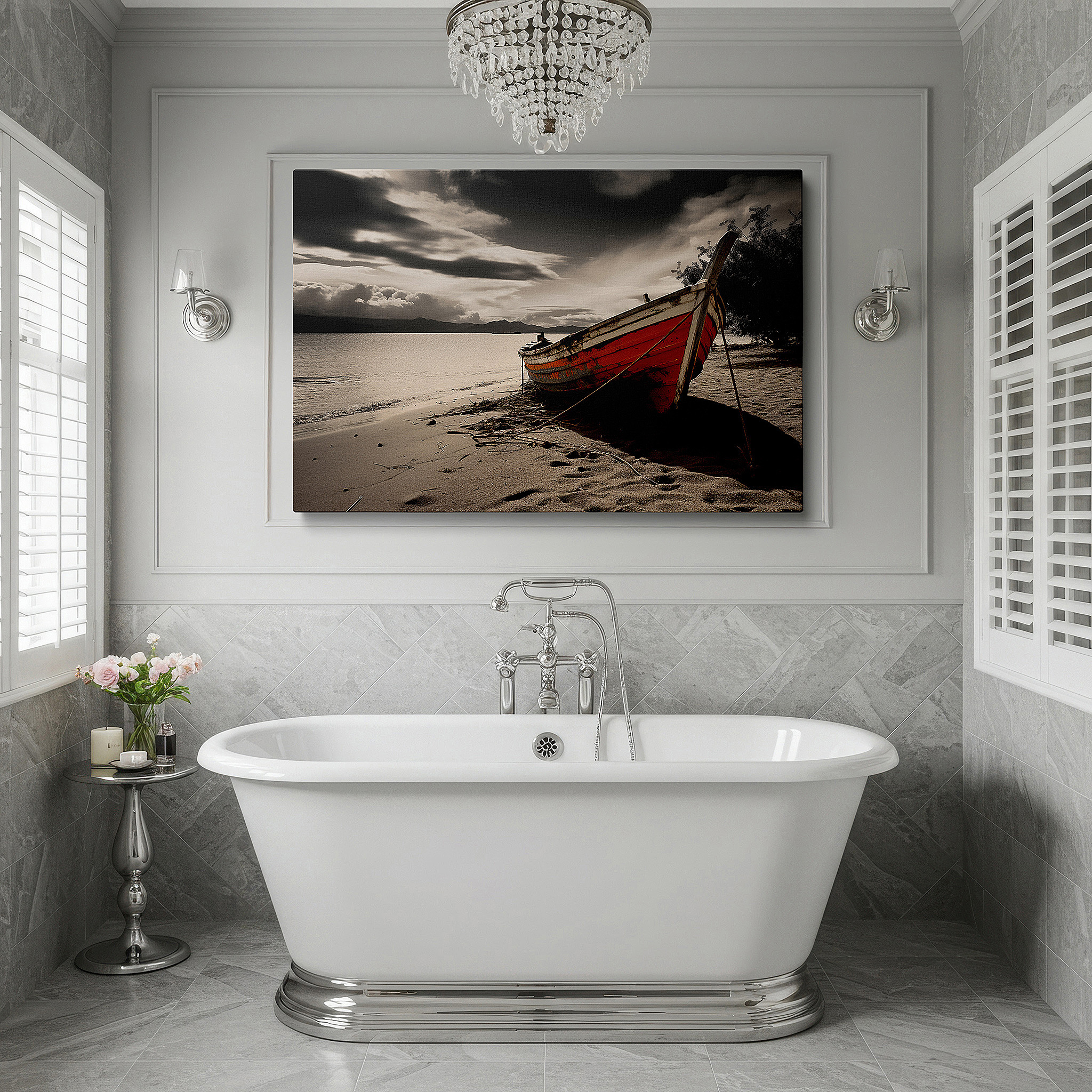 Perfectly sized at 45×30 cm for accenting shelves or narrow walls — tranquil dusk and the abandoned boat on a sandy beach - large canvas wall art for office, bedroom, and living room decor