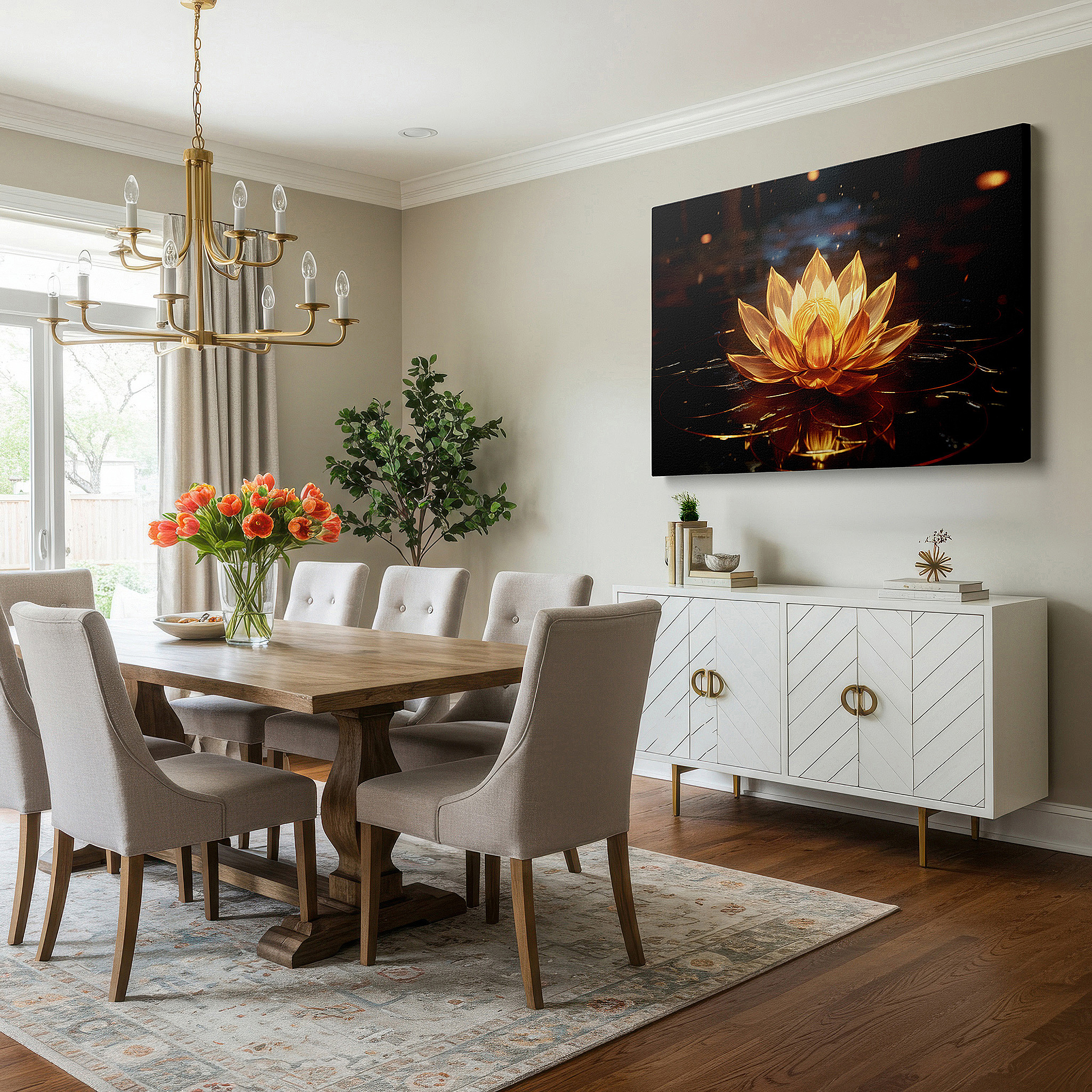 Perfectly sized at 45×30 cm for accenting shelves or narrow walls — tranquil golden lotus pond large canvas wall art for peace and enlightenment, ideal for office and bedroom decor