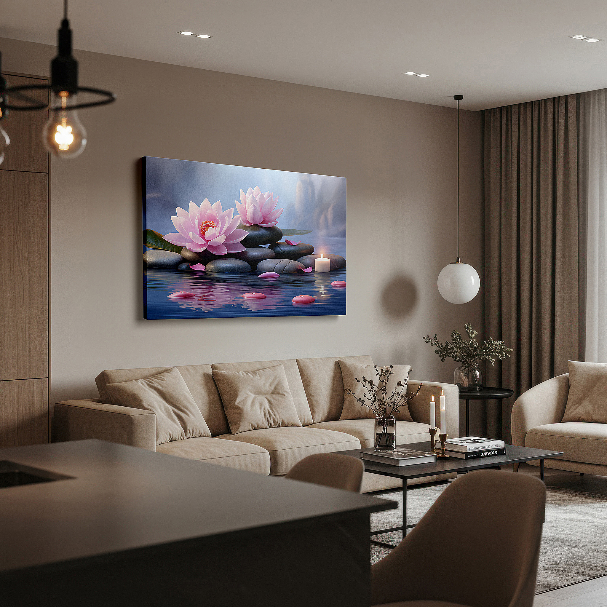 Perfectly sized at 45×30 cm for accenting shelves or narrow walls — tranquil lotus blossoms and candles in a serene water garden: large canvas wall art for office, bedroom, and living room decor