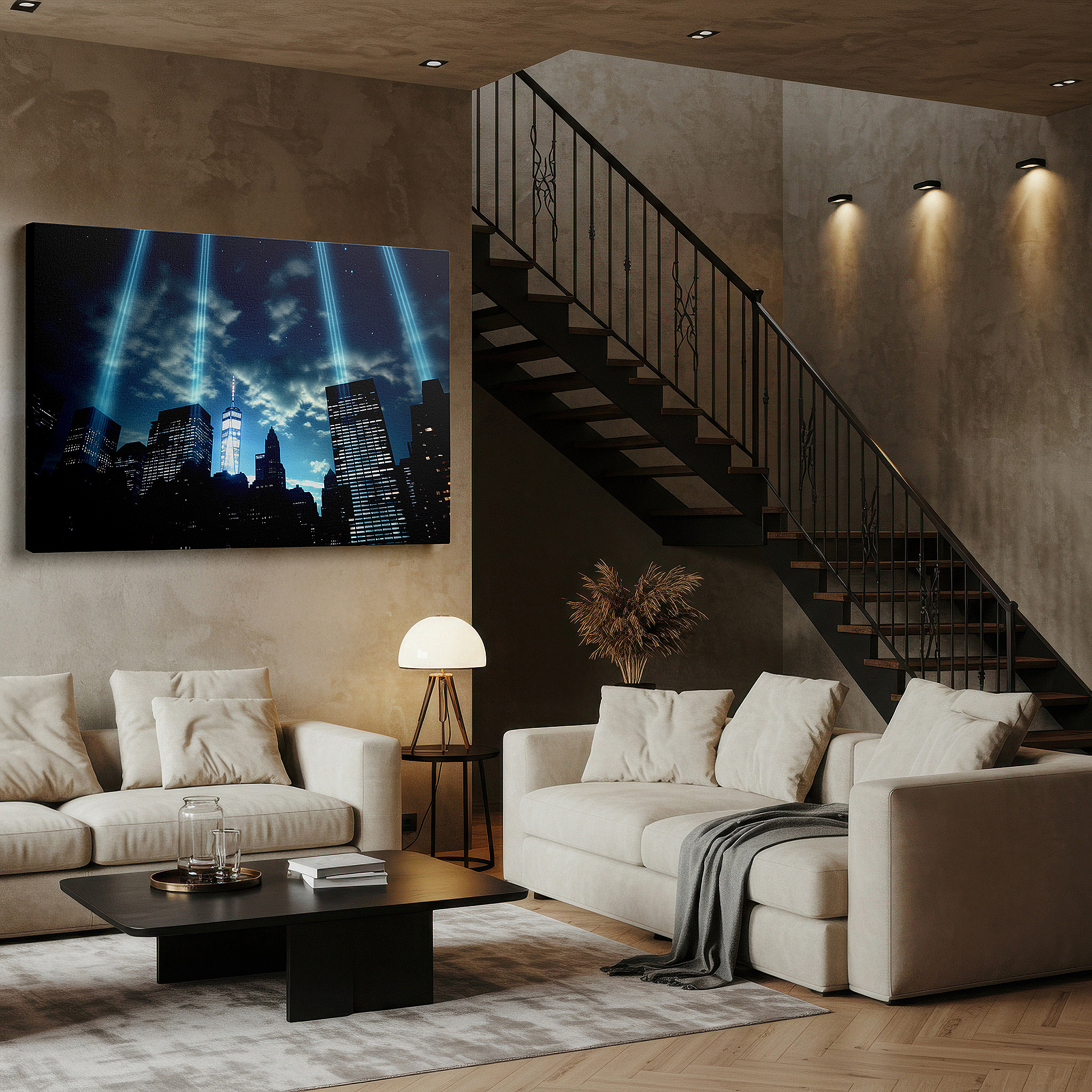 Perfectly sized at 45×30 cm for accenting shelves or narrow walls — tribute in light above nyc skyline - emblem of resilience and memory large wall art, canvas art, wall decor, office art