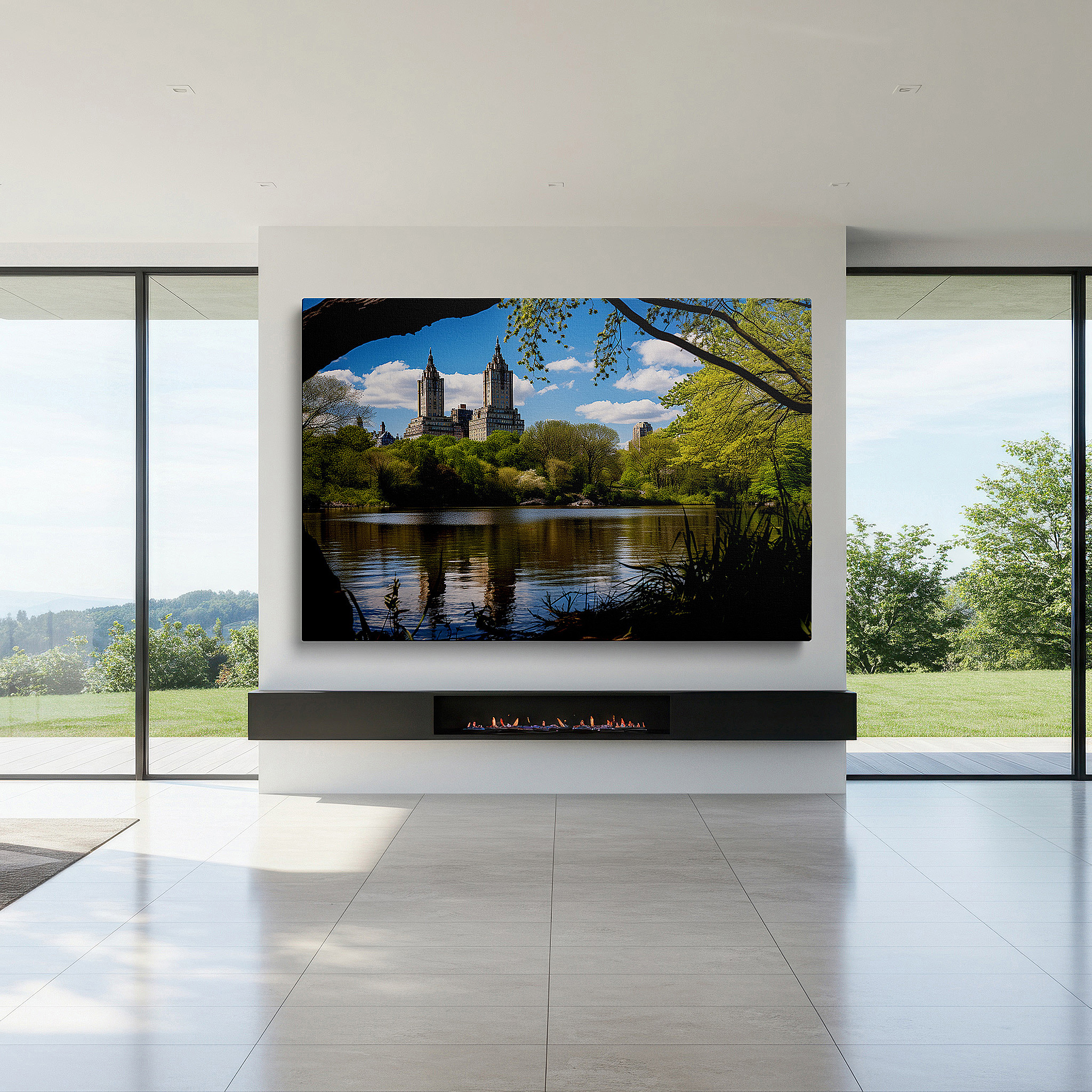 Perfectly sized at 45×30 cm for accenting shelves or narrow walls — twin skyscrapers and lush greenery in central park - a peaceful fusion of city and nature large wall art, canvas wall art, wall decor, office art