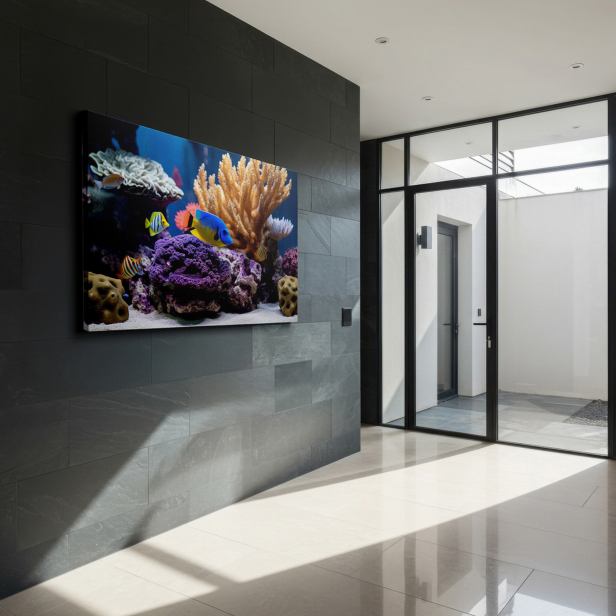 Perfectly sized at 45×30 cm for accenting shelves or narrow walls — underwater paradise wall art: lush corals and vibrant marine life - large canvas for home and office decor, perfect for living room and bedroom