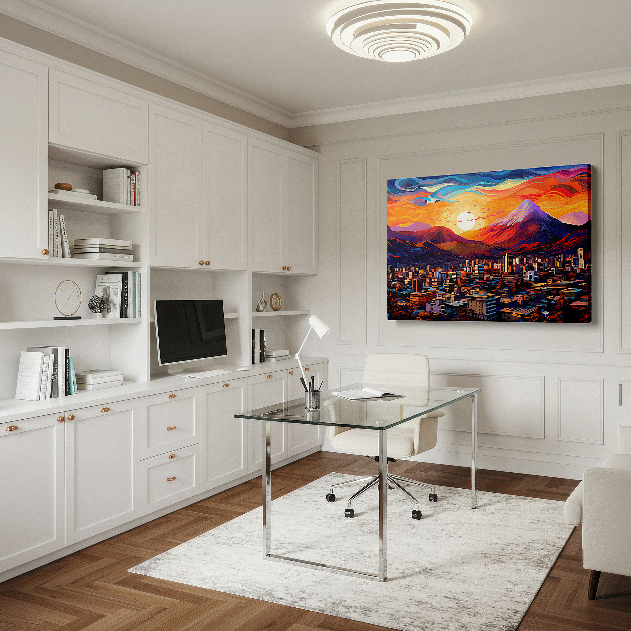 Perfectly sized at 45×30 cm for accenting shelves or narrow walls — urban sunset symphony - vibrant cityscape with majestic mountains large wall art, canvas wall decor for offices and bedrooms