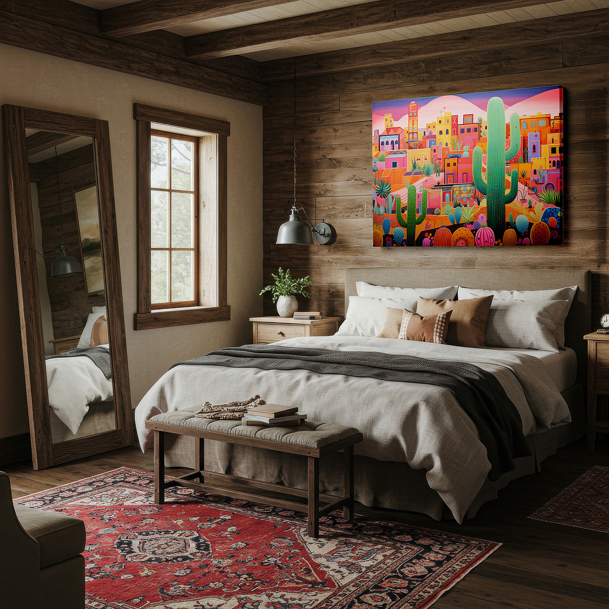 Perfectly sized at 45×30 cm for accenting shelves or narrow walls — vibrant desert town surrounded by towering cacti: a cultural mosaic and resilient life - large wall art, canvas wall art, wall decor for office