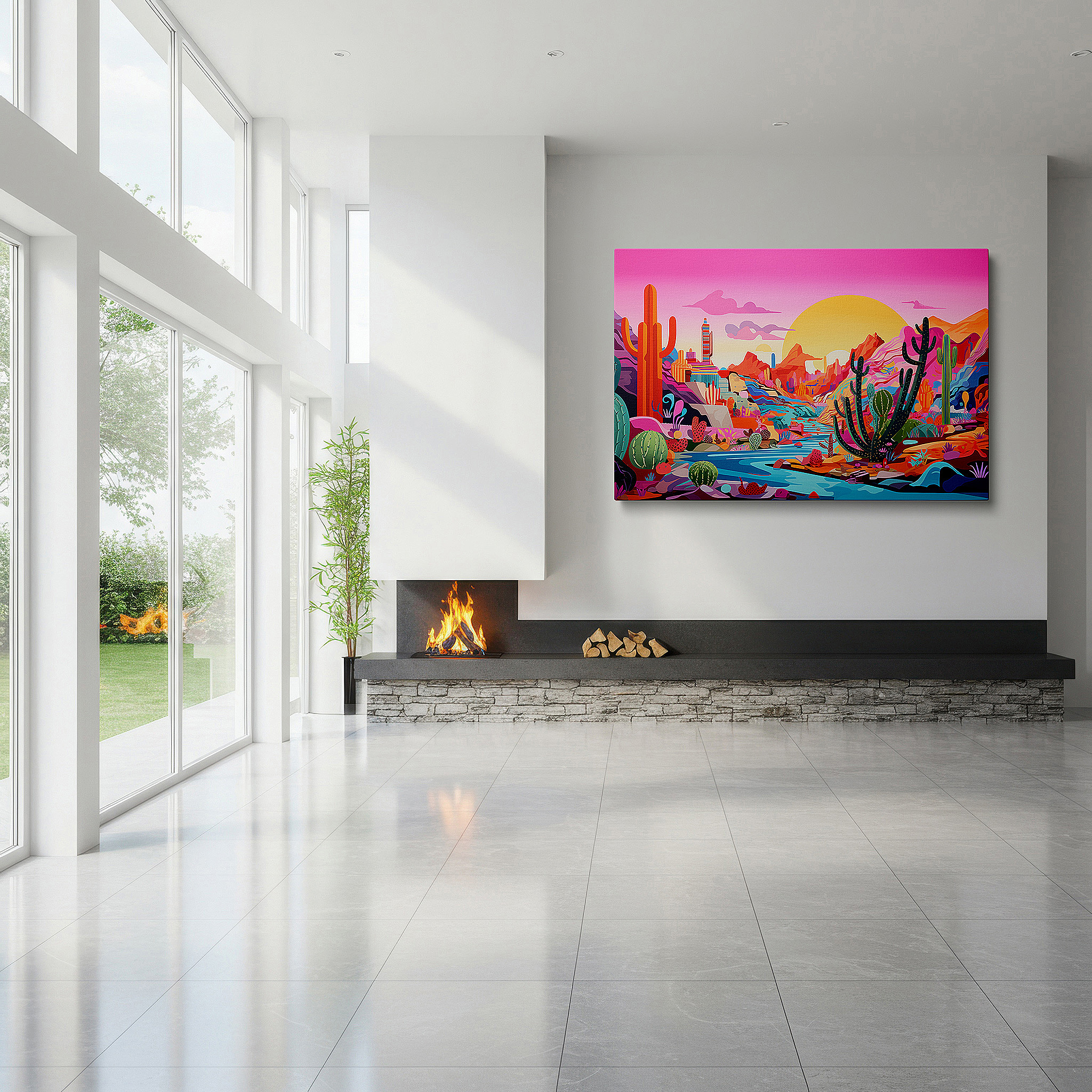 Perfectly sized at 45×30 cm for accenting shelves or narrow walls — vibrant desert whimsy: stylized cacti and dynamic rock formations under a pink sky - large canvas wall art for office decor