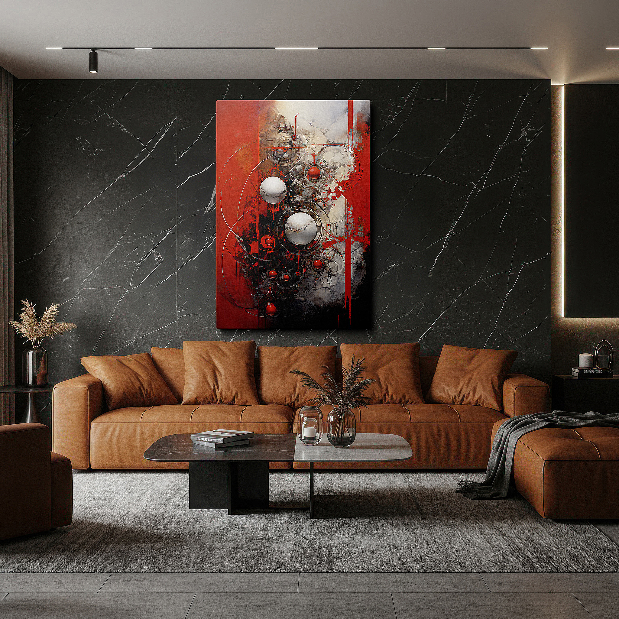 Perfectly sized at 45×30 cm for accenting shelves or narrow walls — vibrant red and black interaction with metallic globes and geometric accuracy, large canvas wall art for office and bedroom decor