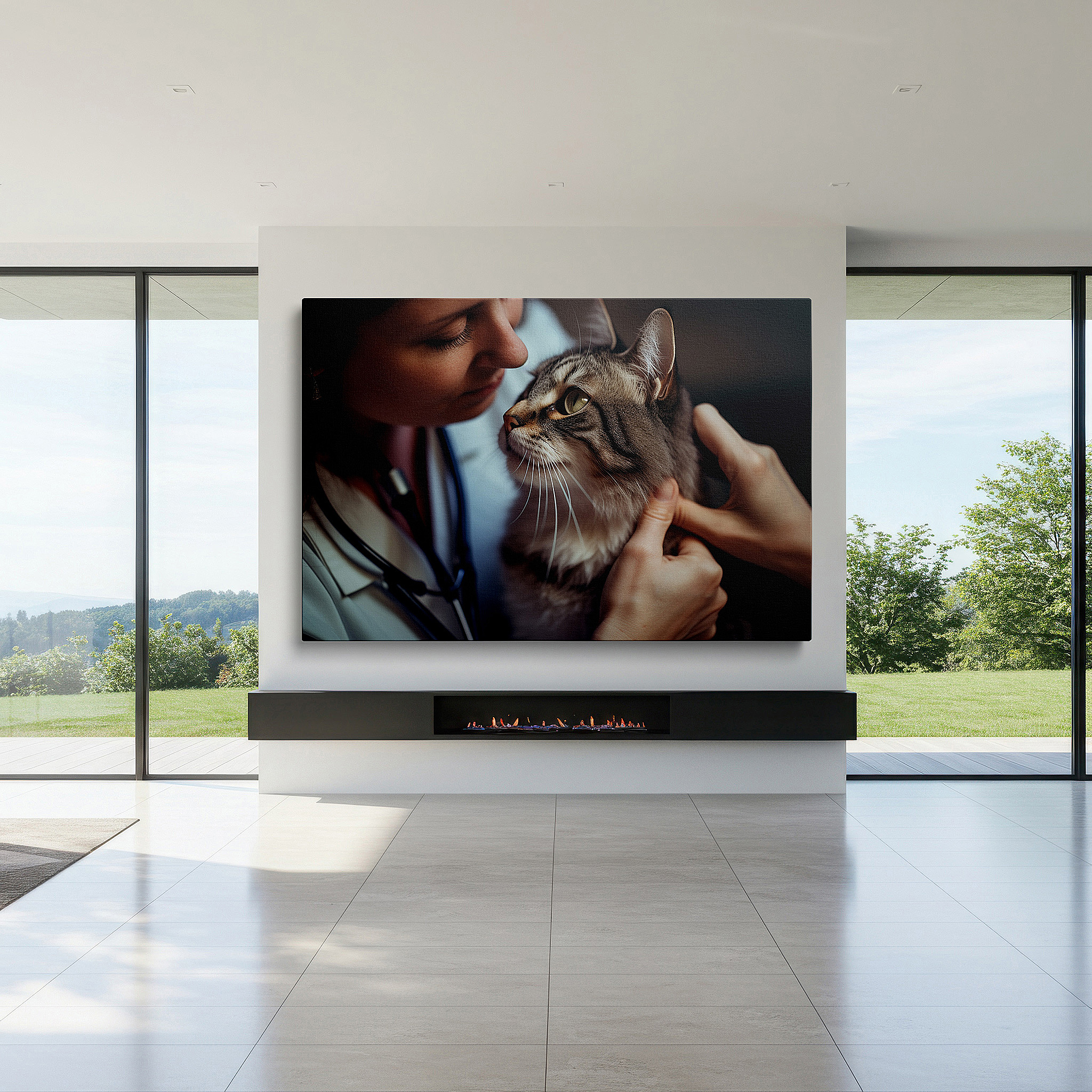 Perfectly sized at 45×30 cm for accenting shelves or narrow walls — wall art: celebrating compassionate care - a tender moment between a veterinarian and a cat. ideal for office, bedroom, and home decor, available as large canvas wall art.