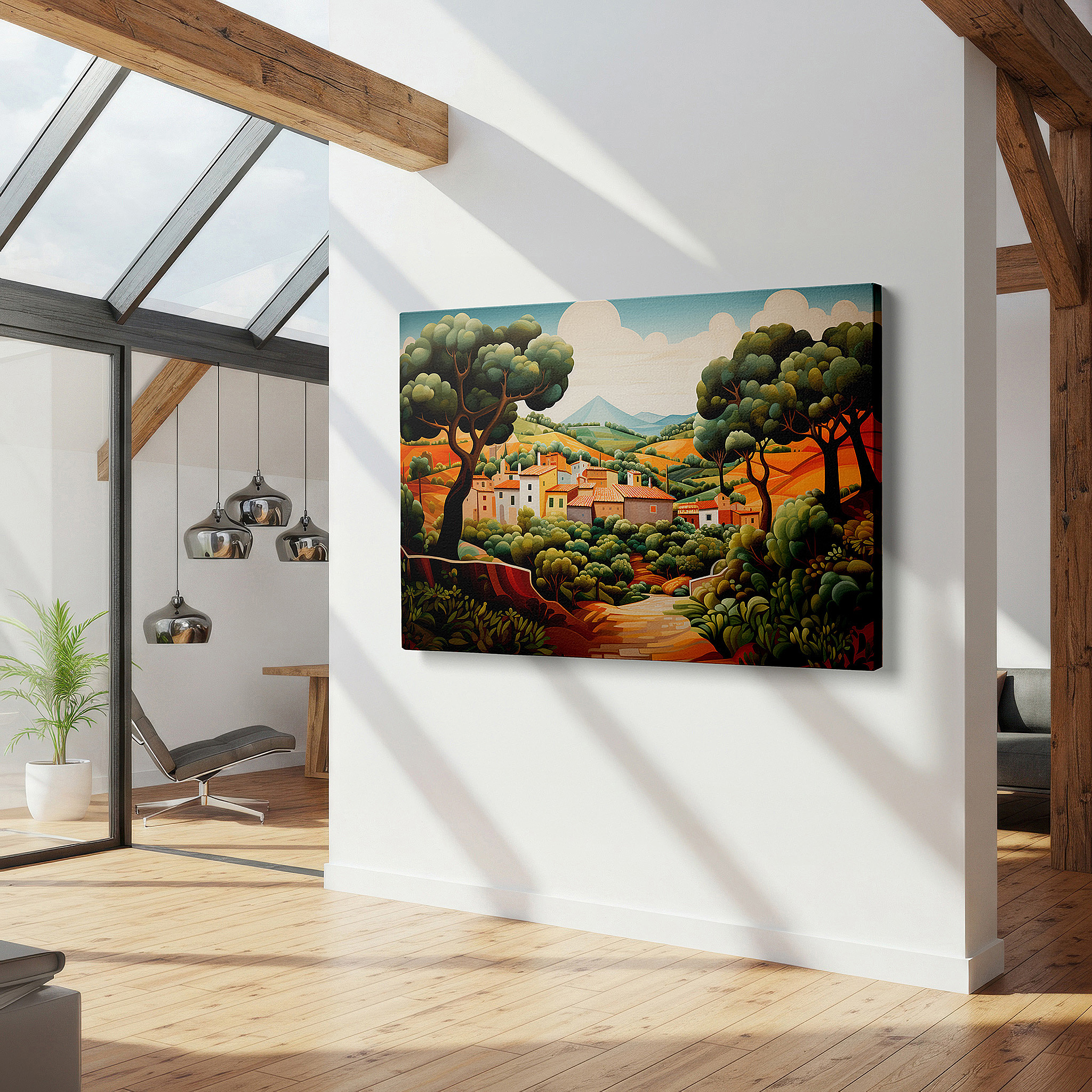 Perfectly sized at 45×30 cm for accenting shelves or narrow walls — wall art: serene village surrounded by gentle hills, a lively display of countryside appeal and natural balance - large canvas wall art for home and office decor