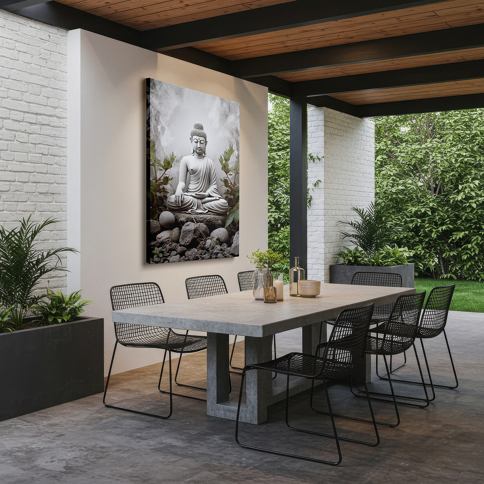Perfectly sized at 45×30 cm for accenting shelves or narrow walls — wall art: tranquil buddha meditating among stones and greenery, ideal for reflective spaces - large canvas art for home or office decor