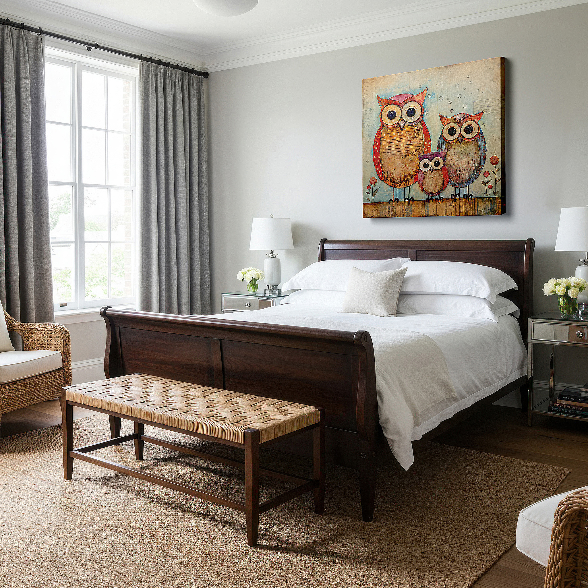 Perfectly sized at 45×30 cm for accenting shelves or narrow walls — wall decor: charming set of three pastel owls, large canvas art perfect for adding creativity and warmth to any room, ideal for office or bedroom decor