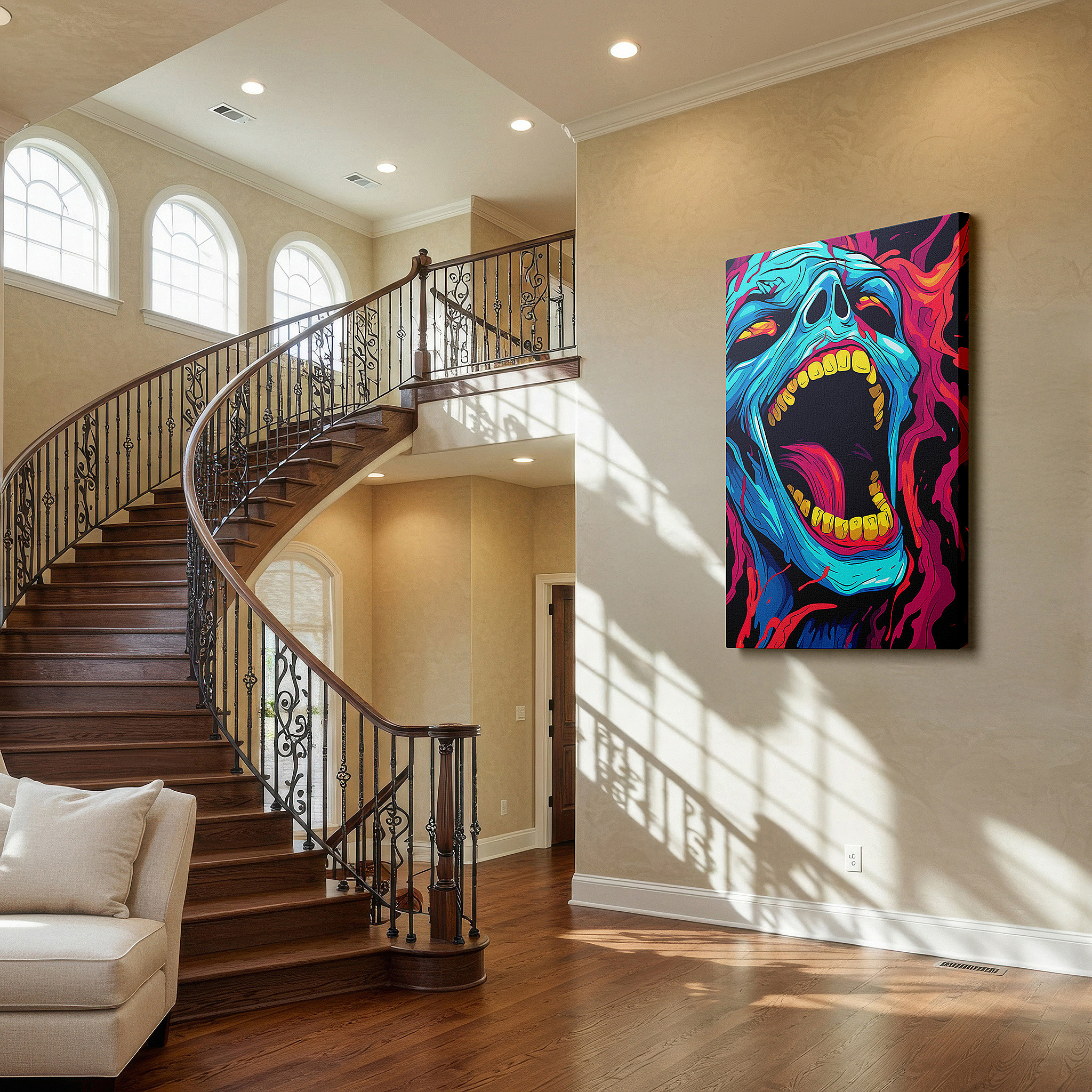 Perfectly sized at 45×30 cm for accenting shelves or narrow walls — wall decor: intense blue skull surrounded by flames - a profound reflection on life and feelings, large canvas art for home and office