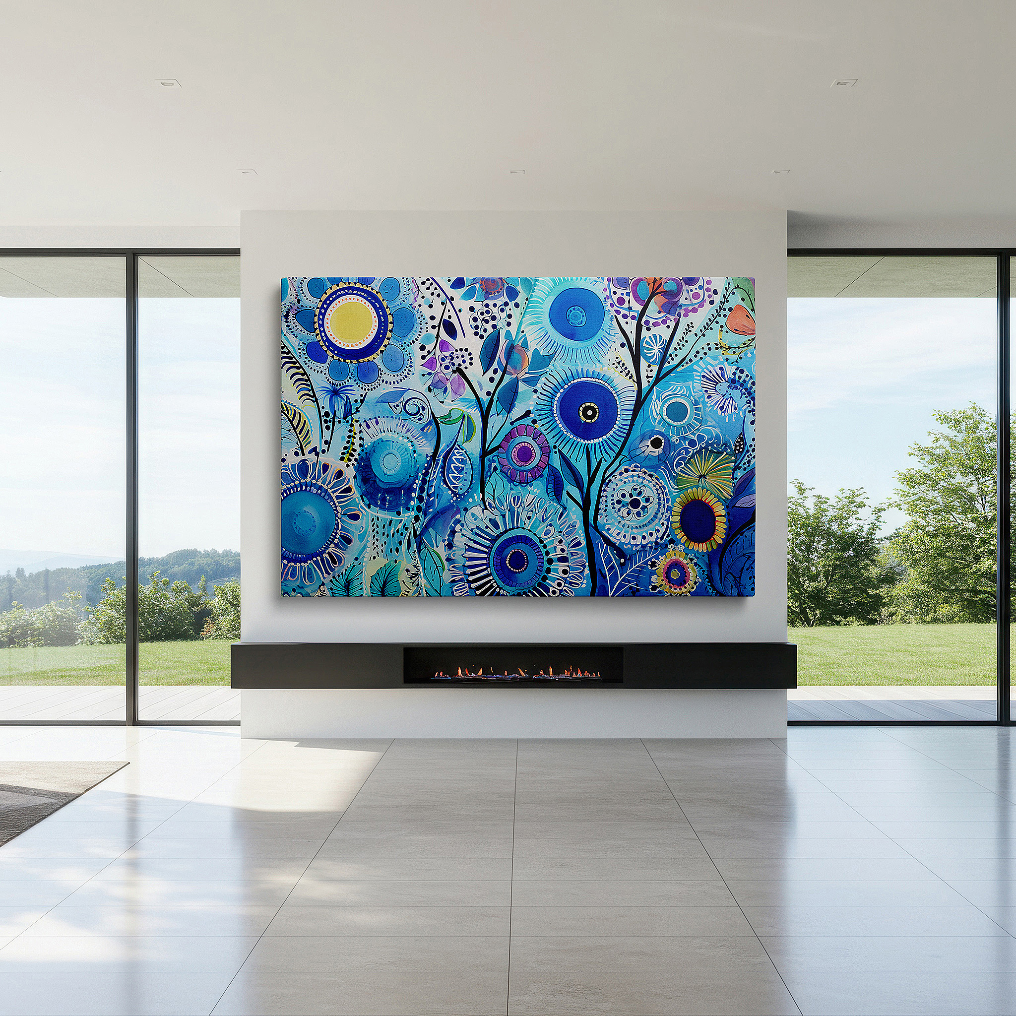 Perfectly sized at 45×30 cm for accenting shelves or narrow walls — wall decor: serene mix of blue and green hues featuring vibrant floral designs - ideal for living rooms, bedrooms, or office spaces
