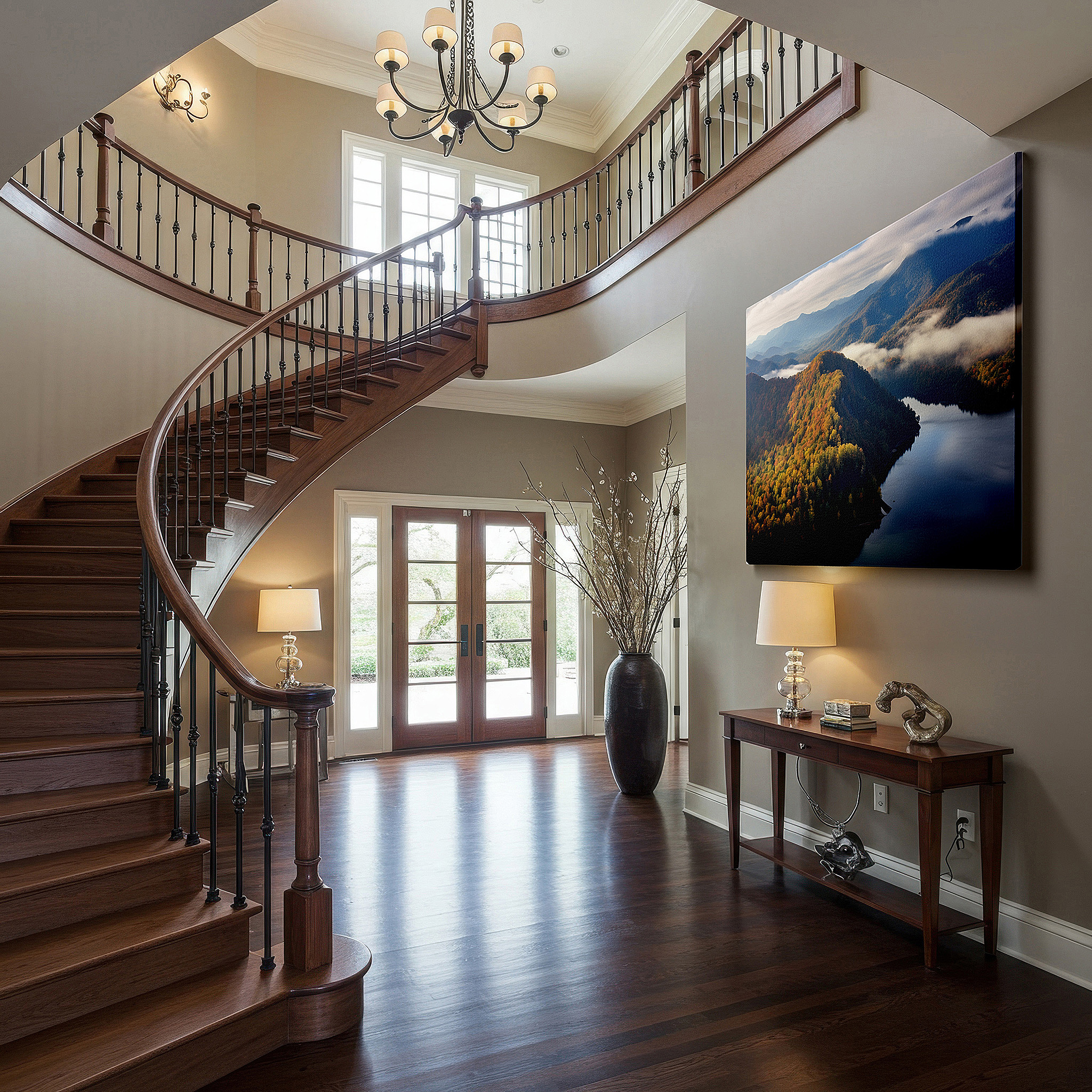 Positioned above a console table between ceramic vases — autumn majesty from above: vibrant mountain and serene water landscape - large canvas wall art decor