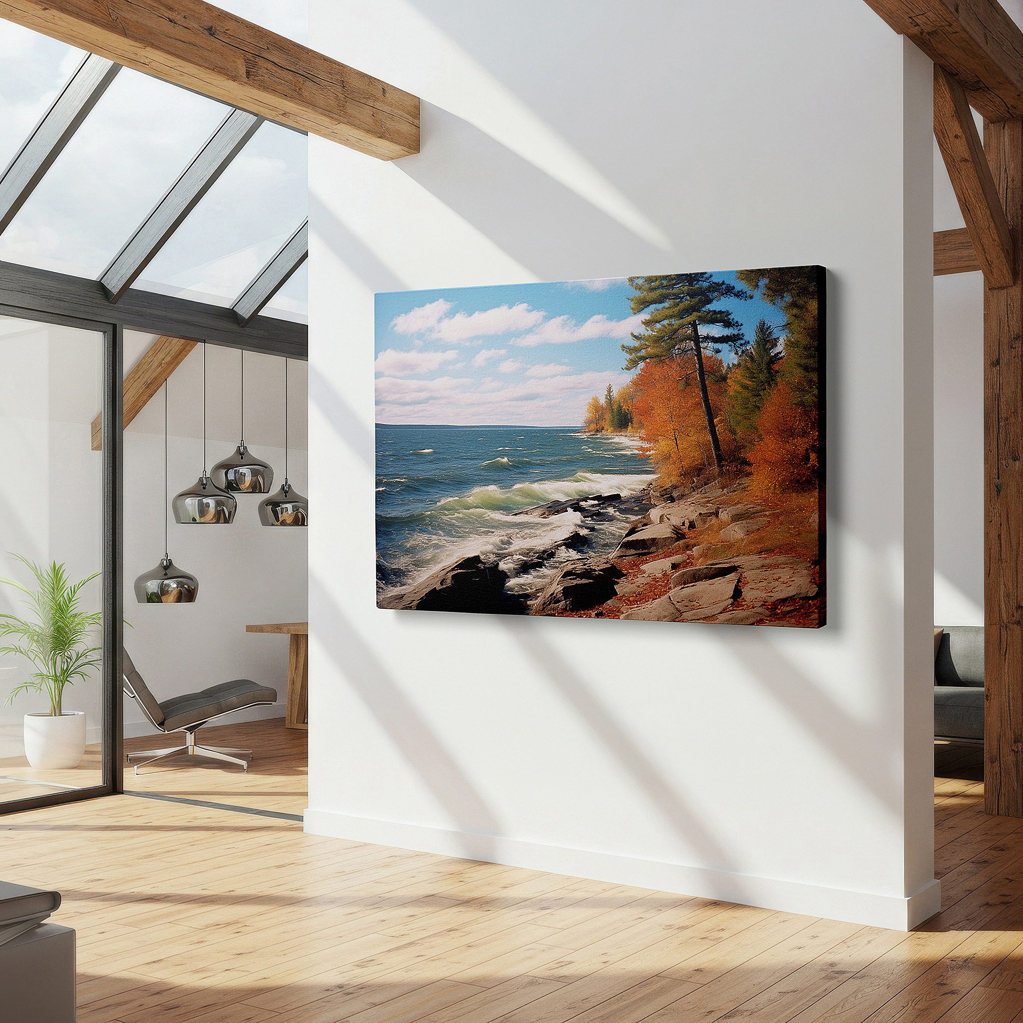 Positioned above a console table between ceramic vases — autumnal serenity coastline, vibrant foliage over calm lake waters, large canvas wall art for office and bedroom decor