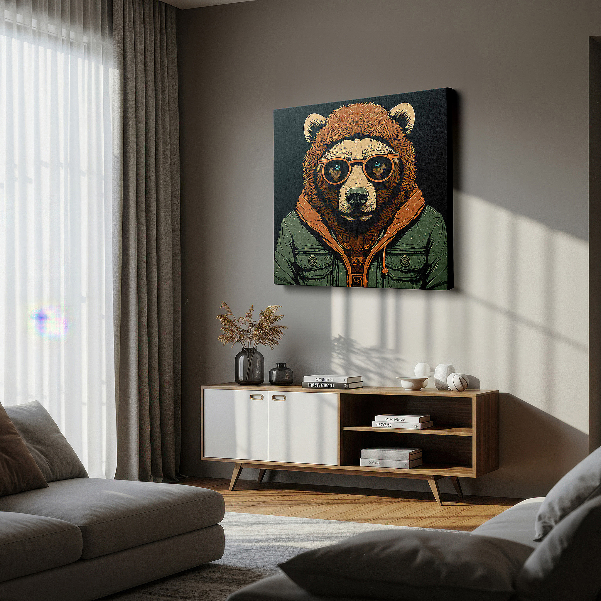 Positioned above a console table between ceramic vases — bear-themed wall art: blending wilderness with urban elegance - ideal for living rooms, bedrooms, and offices