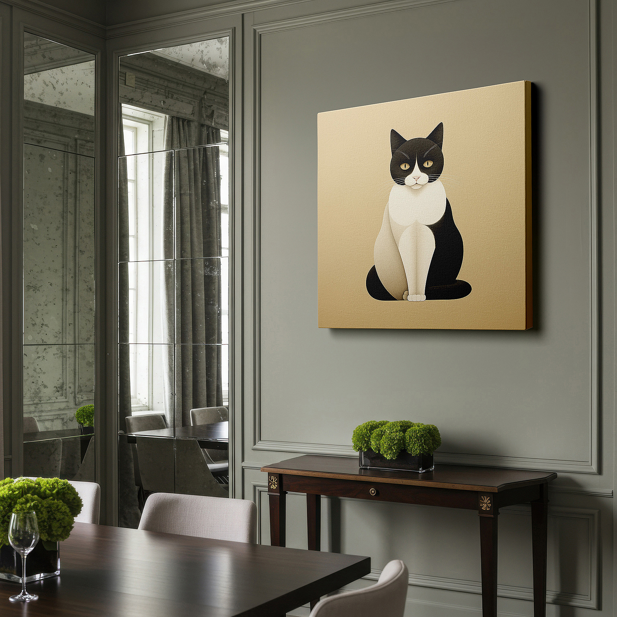 Positioned above a console table between ceramic vases — black and white elegance - graceful and sophisticated stylized cat large wall art, canvas wall art, wall decor for office and bedroom