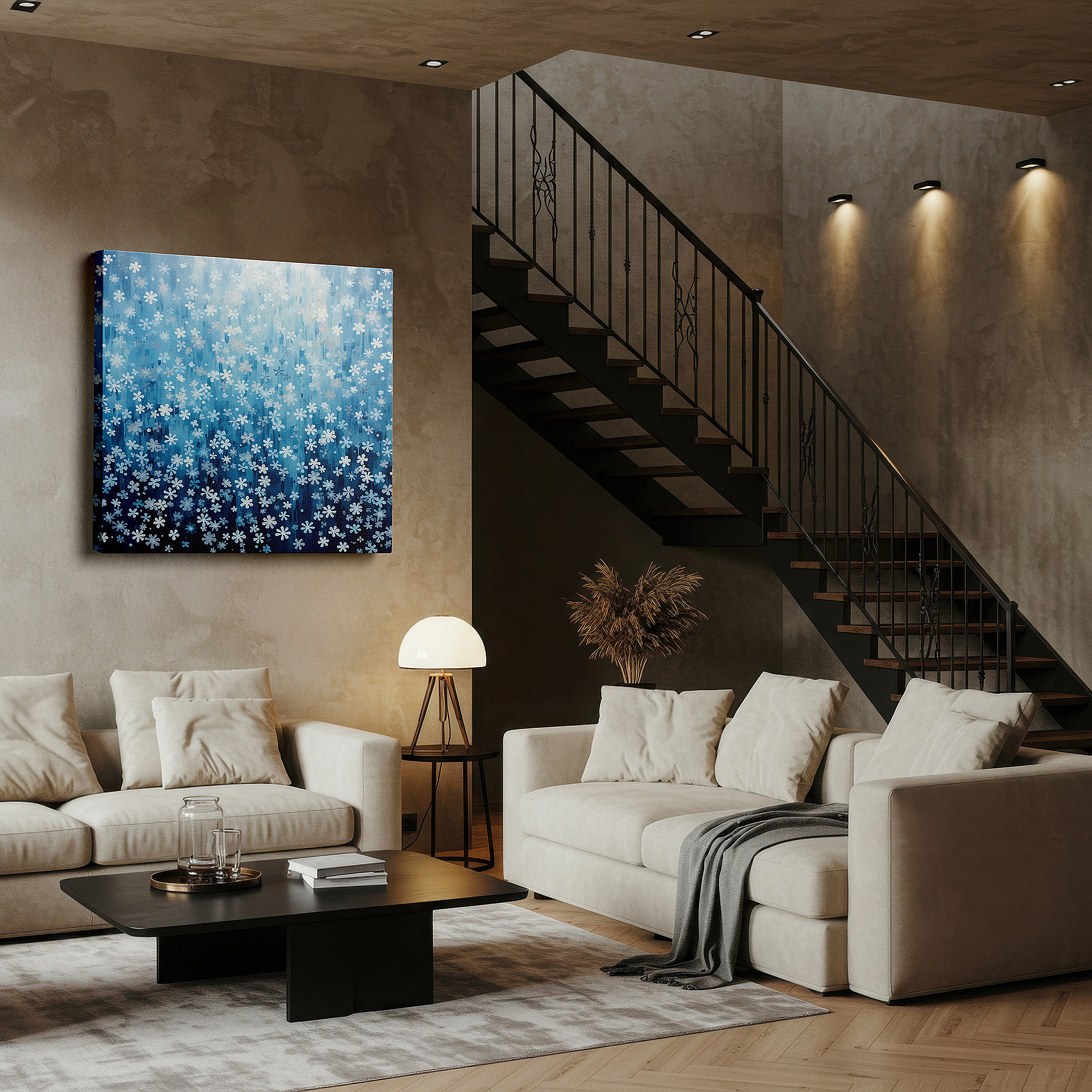Positioned above a console table between ceramic vases — blue ethereal flowers on textured canvas, serene nature harmony large wall art, canvas wall decor for office