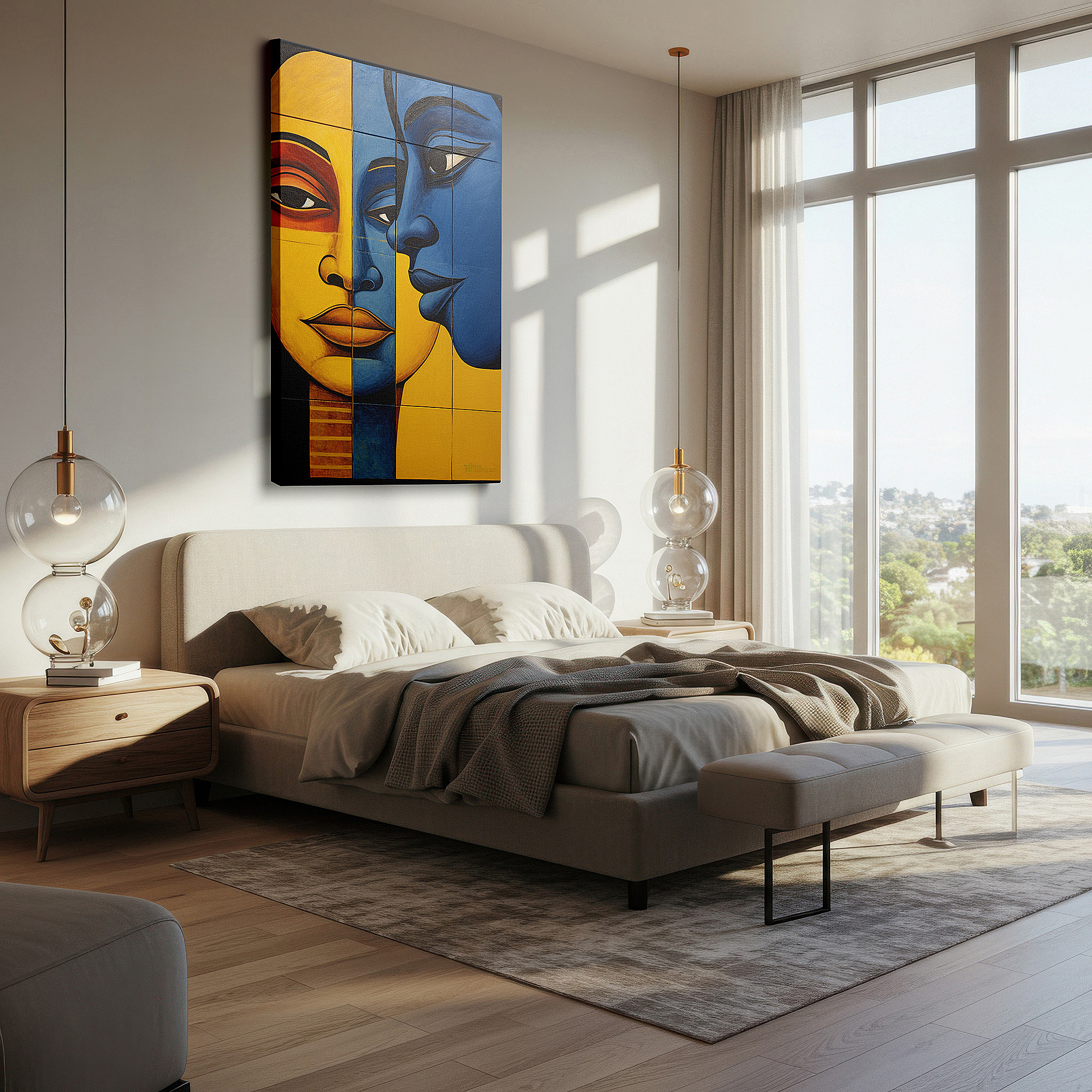Positioned above a console table between ceramic vases — celebrating cultural unity with vibrant split-face design: large wall art for offices, bedrooms, and living spaces