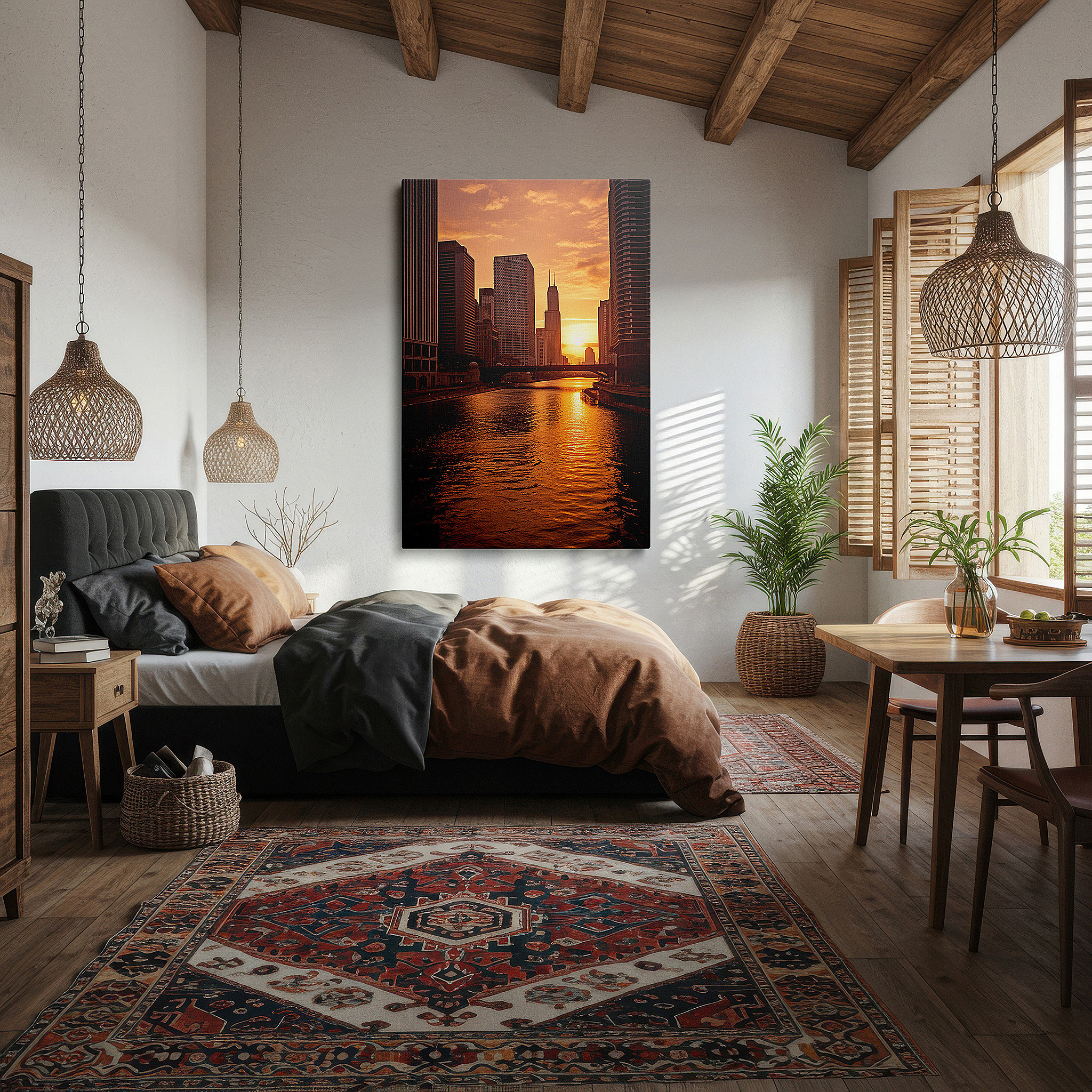 Positioned above a console table between ceramic vases — chicago river sunset - golden cityscape silhouette with vibrant skies large wall art, canvas wall art, wall decor for office and bedroom