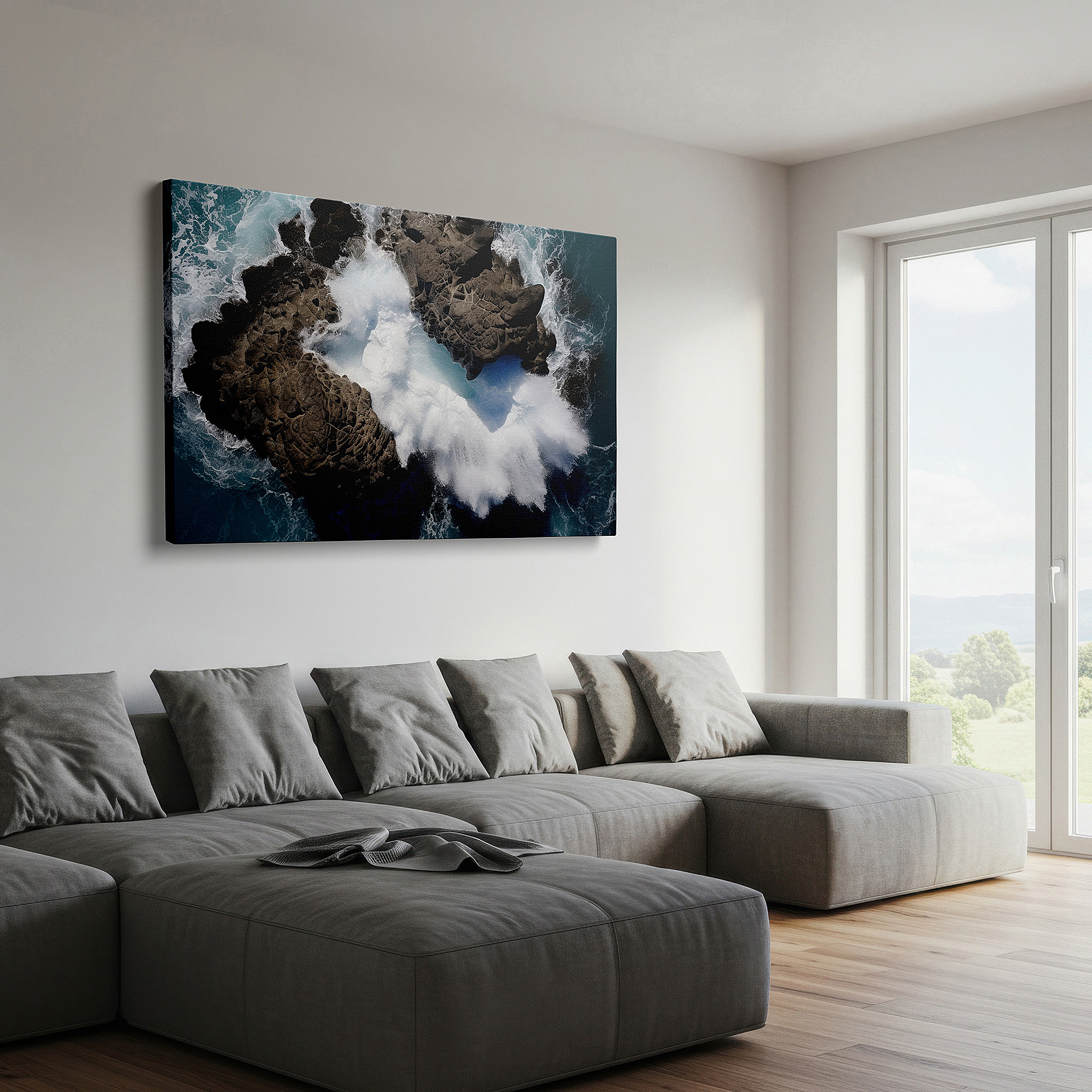 Positioned above a console table between ceramic vases — coastal majesty: dramatic encounter of jagged cliffs and untamed sea waves - large wall art, canvas wall art, wall decor for office and bedroom