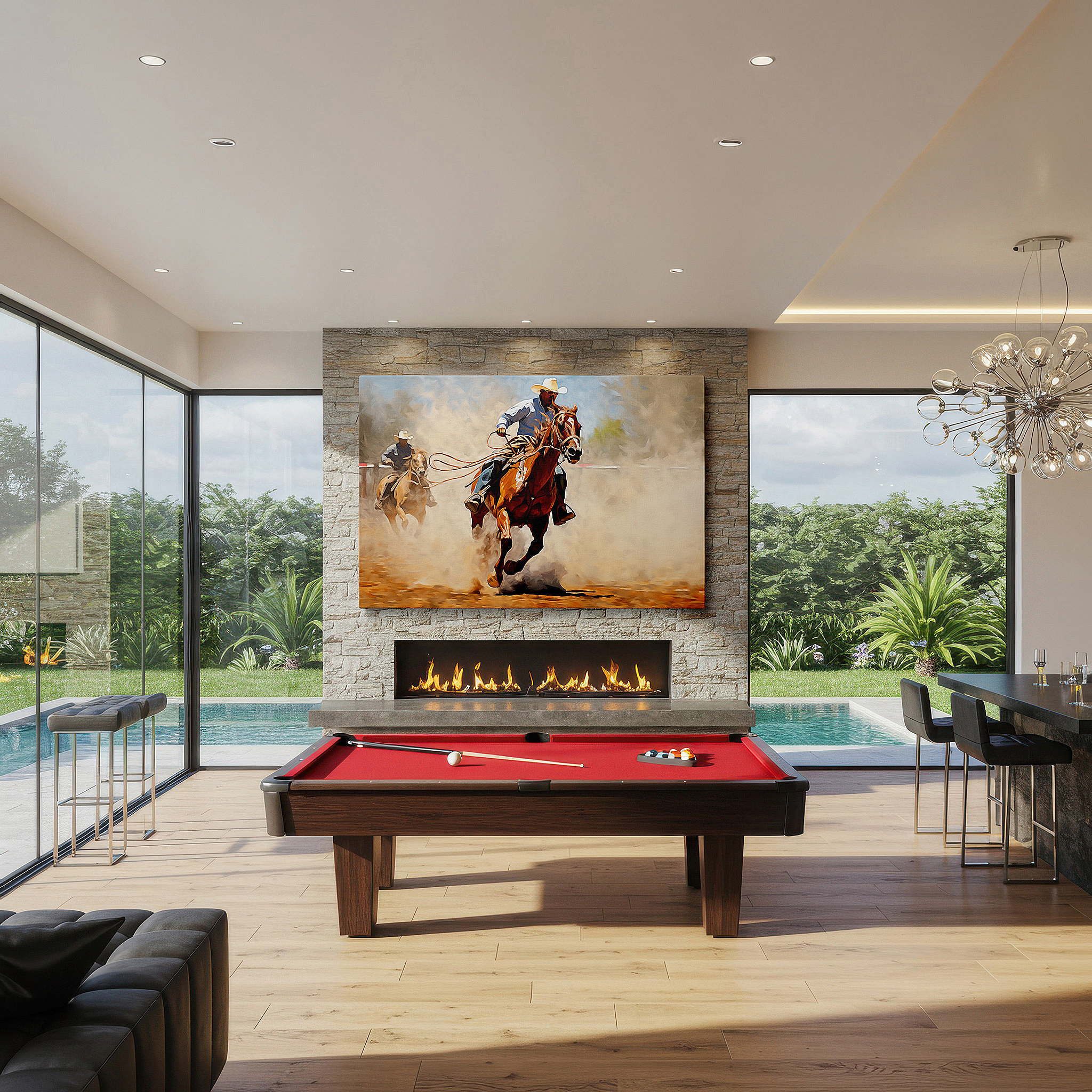 Positioned above a console table between ceramic vases — cowboy's wild ride rodeo thrills large wall art, canvas wall decor for office and bedroom, featuring dust and cheers