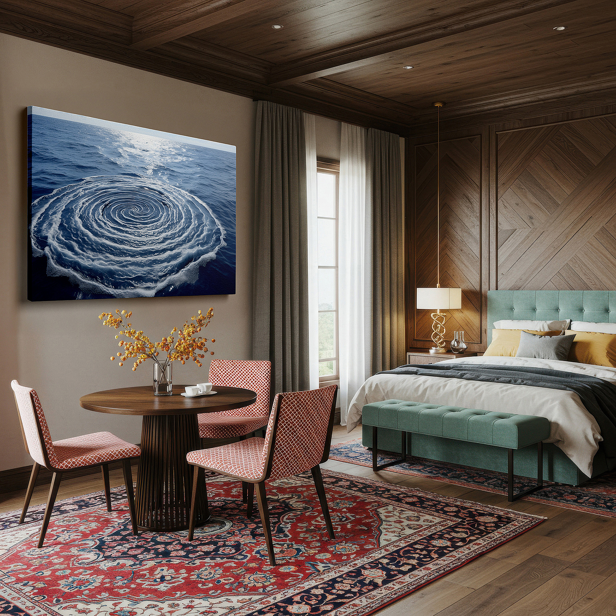 Positioned above a console table between ceramic vases — deep blue ocean swirl, tranquil nature's rhythm large wall art, canvas wall art, wall decor for office