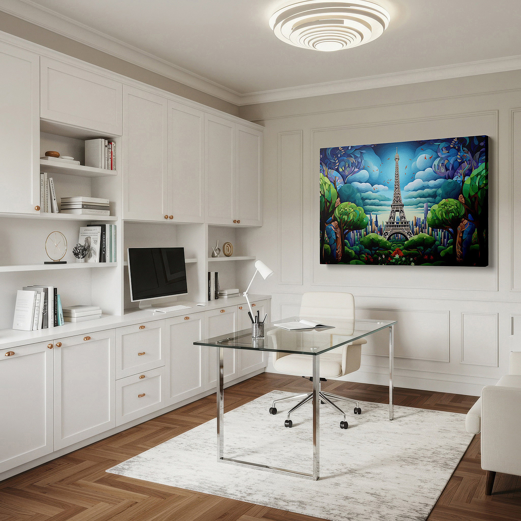 Positioned above a console table between ceramic vases — dreamlike paris - a surreal eiffel tower surrounded by nature large wall art, canvas wall art, wall decor for office and bedroom