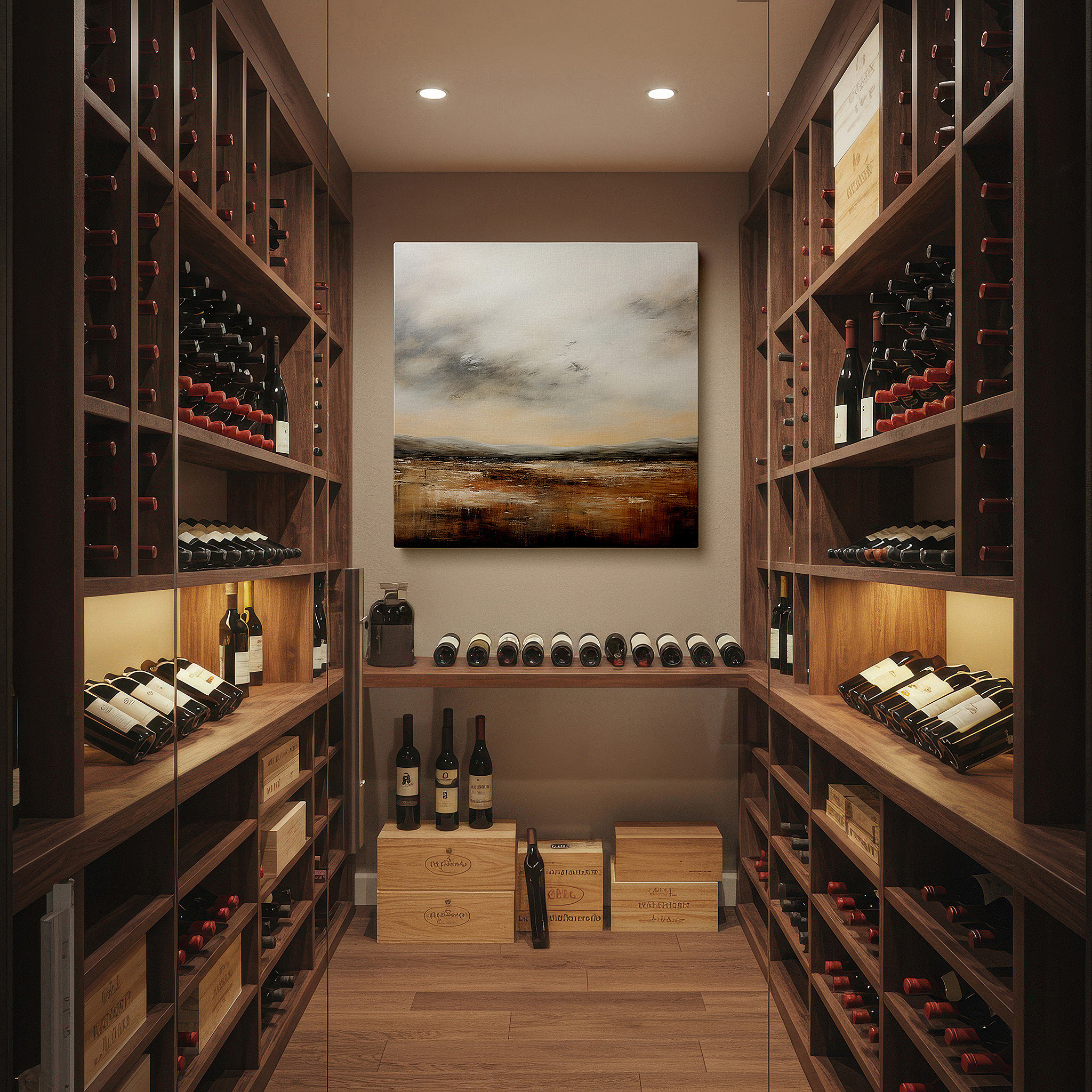 Positioned above a console table between ceramic vases — dreamlike serene landscape in soft earthy tones: large canvas wall art for peace and reflection, perfect for office decor