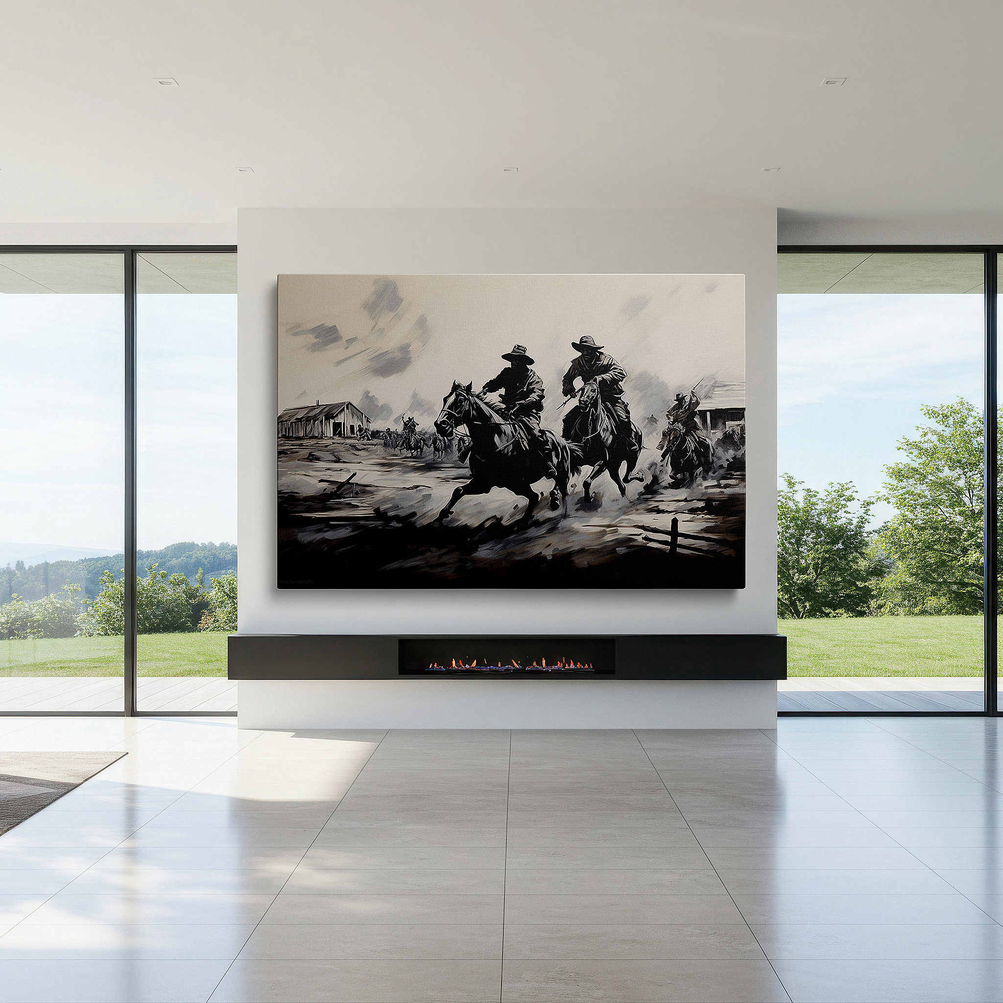 Positioned above a console table between ceramic vases — elegant black and white horsemen charging across wild terrain - large canvas wall art for office and bedroom decor