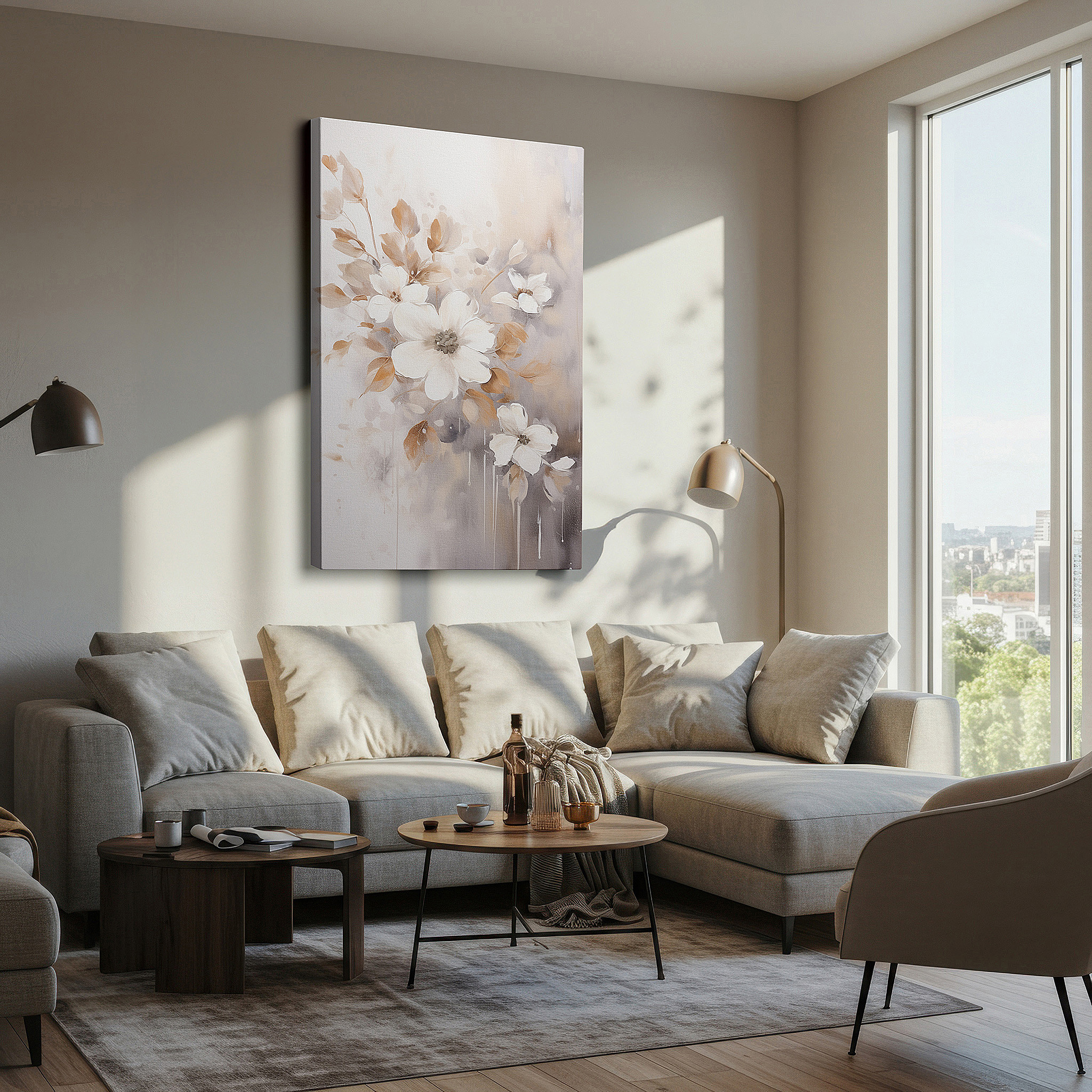 Positioned above a console table between ceramic vases — elegant floral tranquility wall art with white, beige, and gold accents for office, bedroom, and living room decor