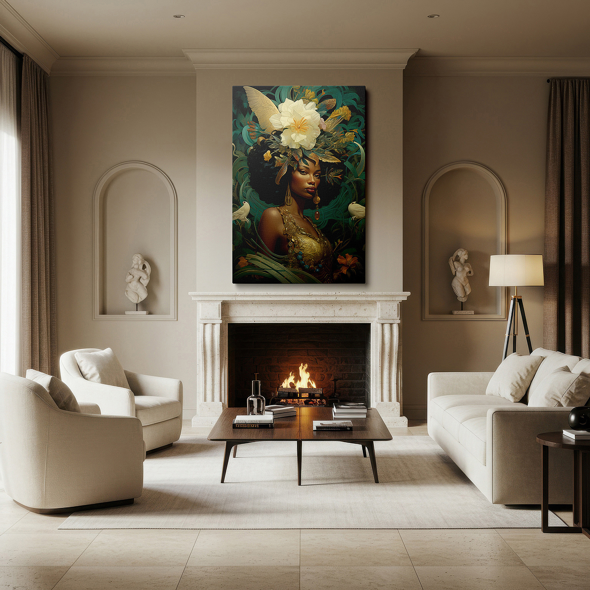 Positioned above a console table between ceramic vases — elegant lady adorned with flower crown representing nature's grandeur and women's power, oversized wall art, canvas print, home office decor