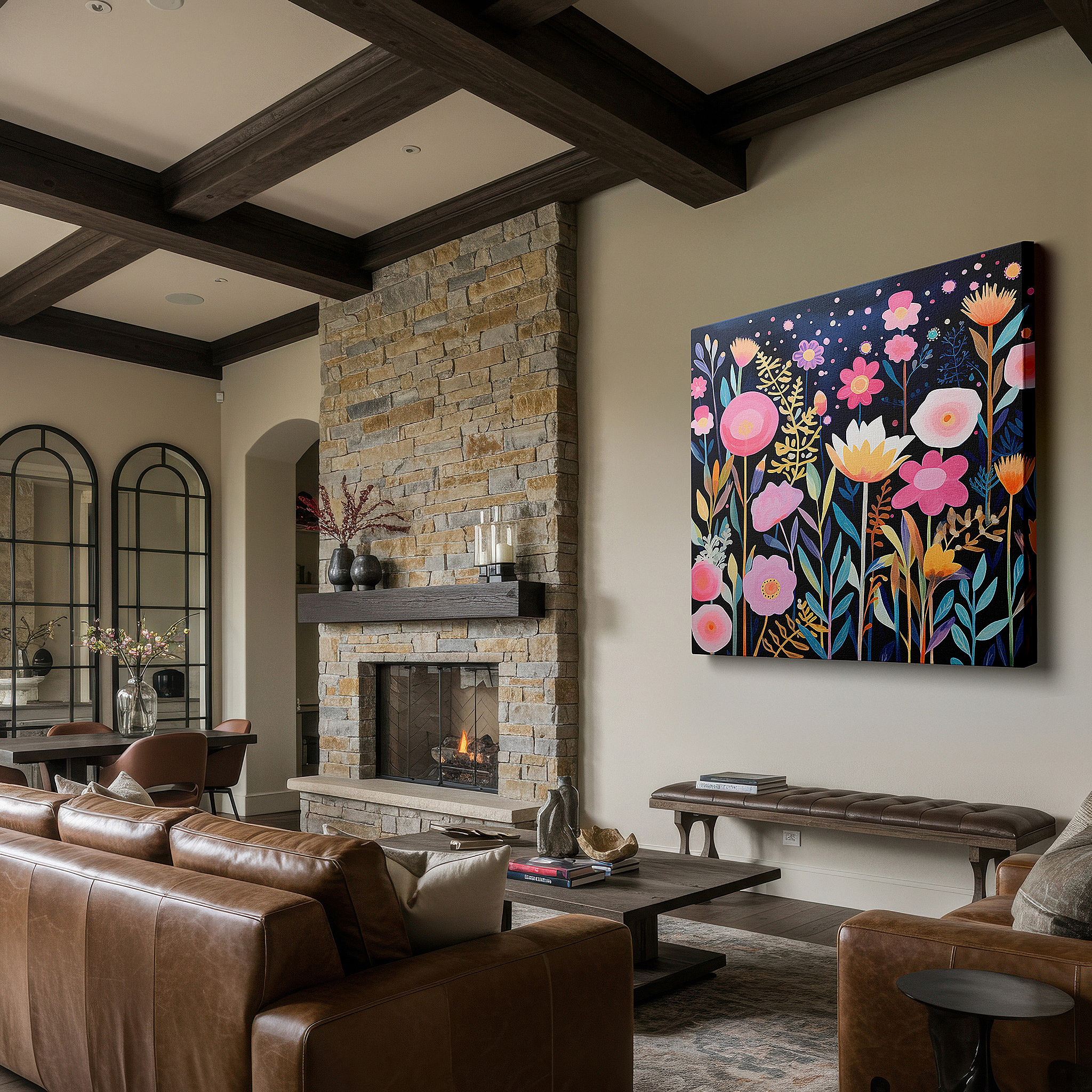 Positioned above a console table between ceramic vases — enchanted garden featuring vivid pinks, bright yellows, and pure whites - large canvas wall art for home and office decor