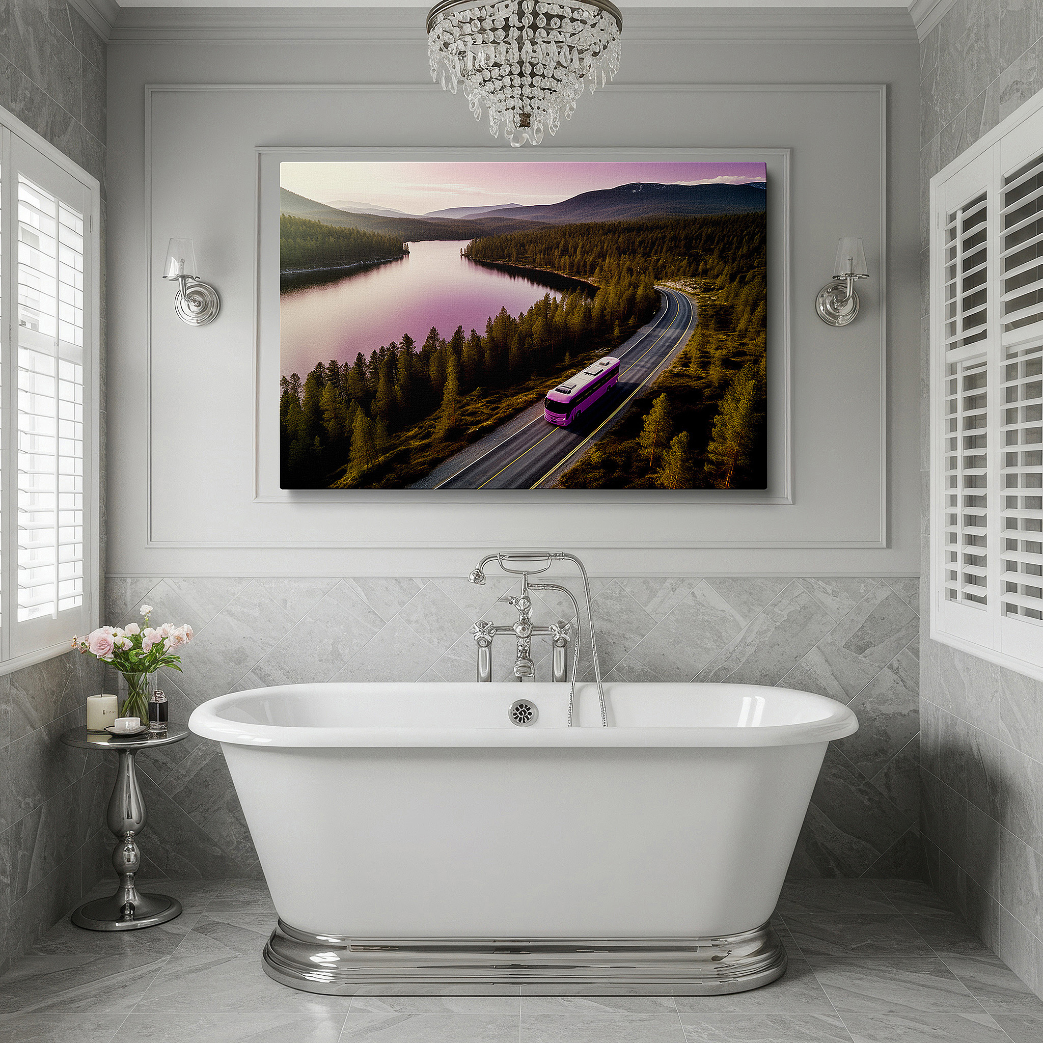 Positioned above a console table between ceramic vases — explore the tranquil lake road with a chic pink bus surrounded by lush mountains - large wall art, canvas wall art, wall decor for office