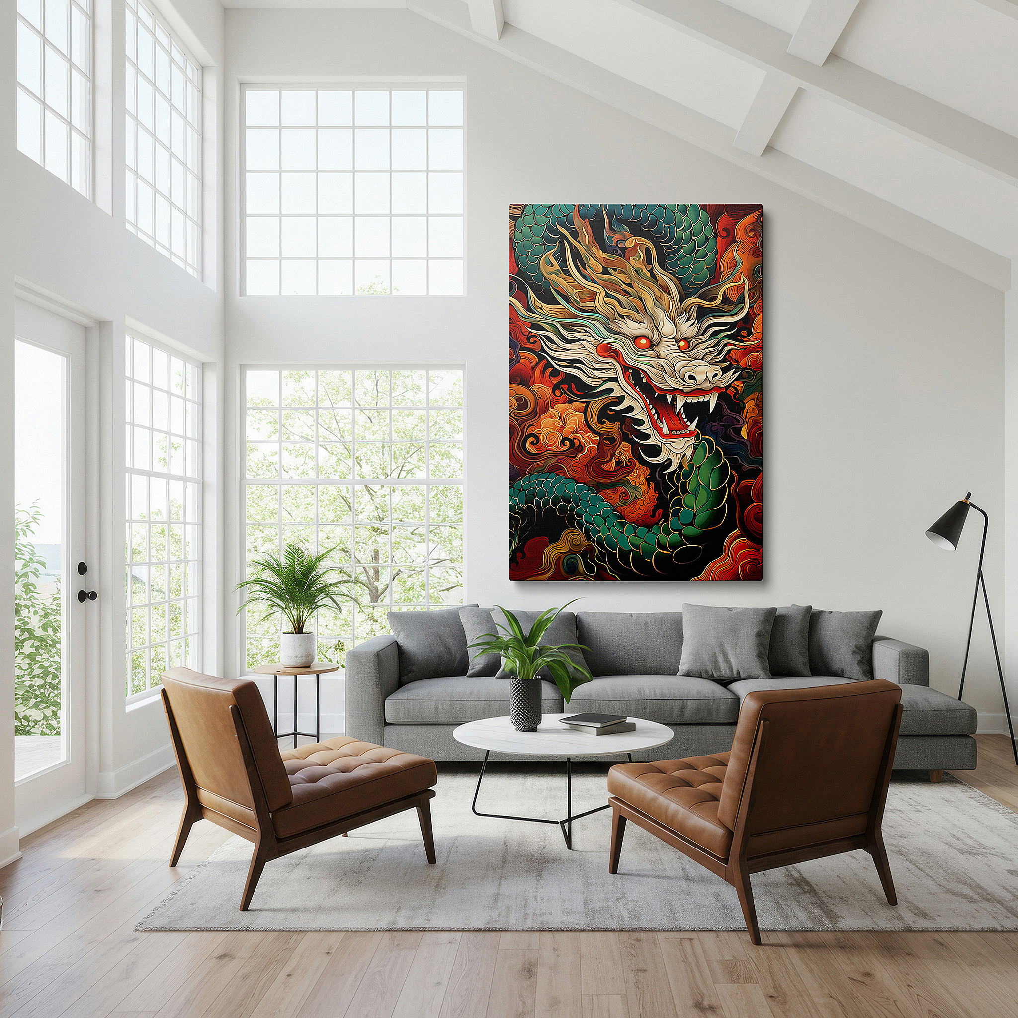 Positioned above a console table between ceramic vases — fiery dragon in majestic whirlwind: eastern mythology and power-themed large canvas wall art for office decor