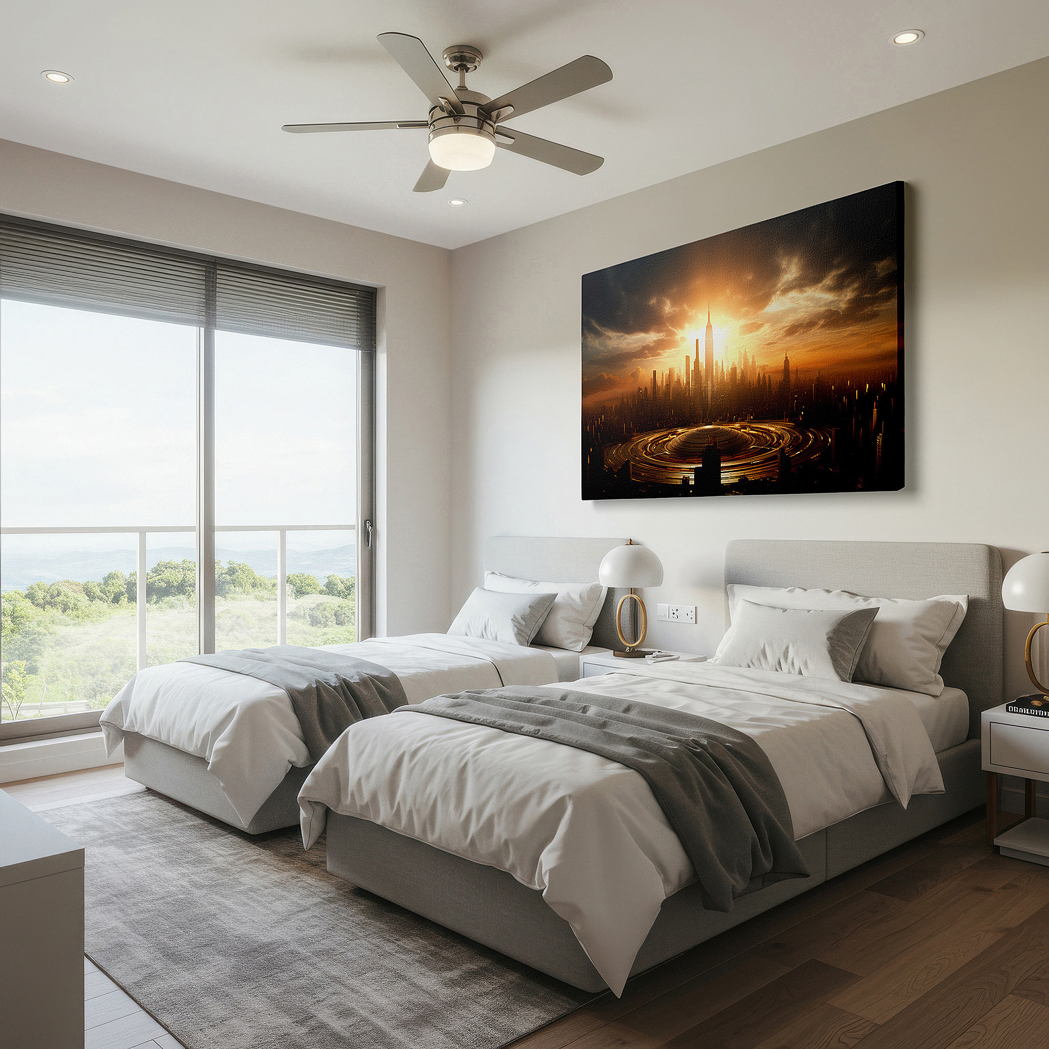 Positioned above a console table between ceramic vases — futuristic cityscape at sunset: a canvas of innovation and progress - large wall art, canvas wall art, wall art decor, office wall art, bedroom wall art