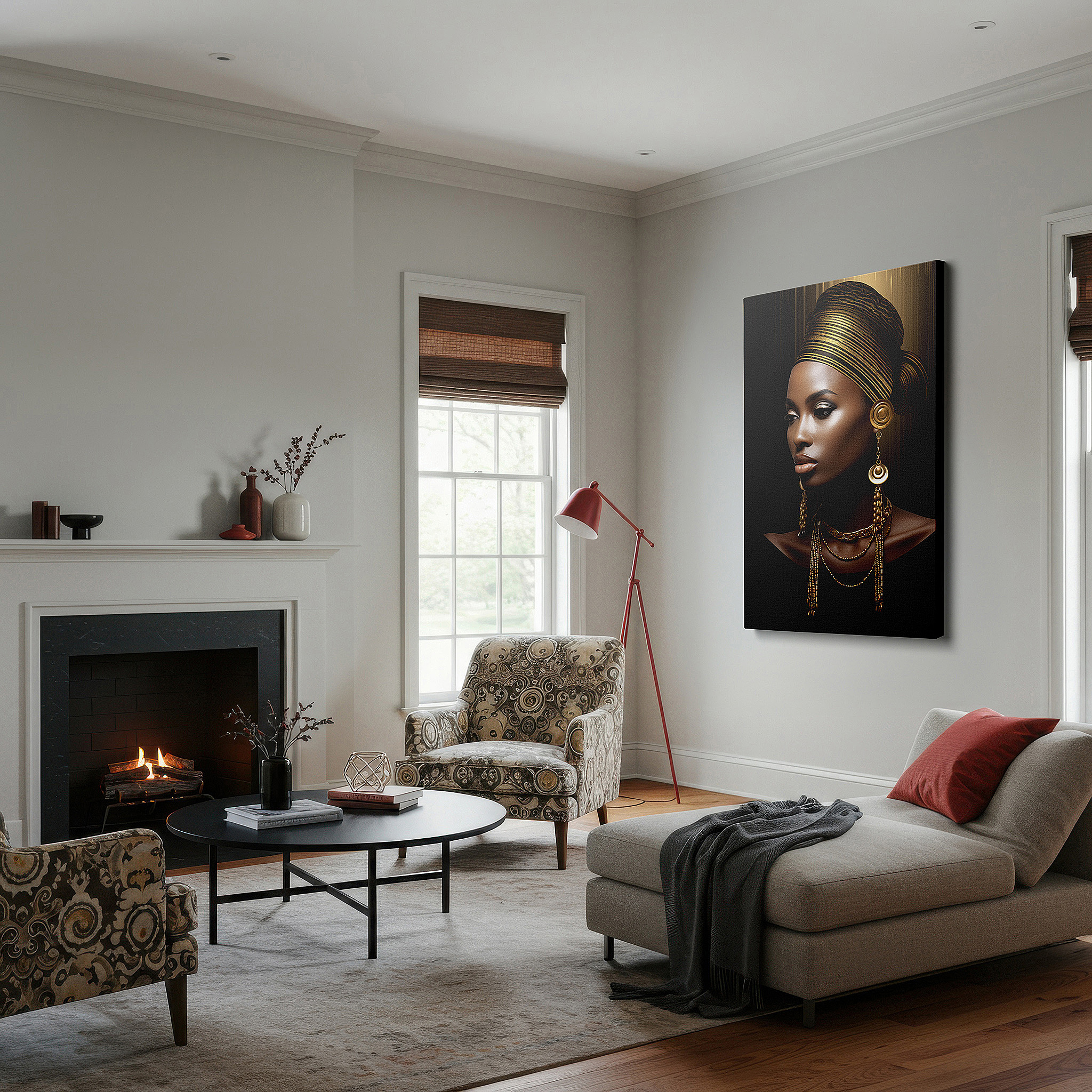 Positioned above a console table between ceramic vases — gold and shadows: timeless elegance, serene confidence, and luxurious contrast - large canvas wall art decor