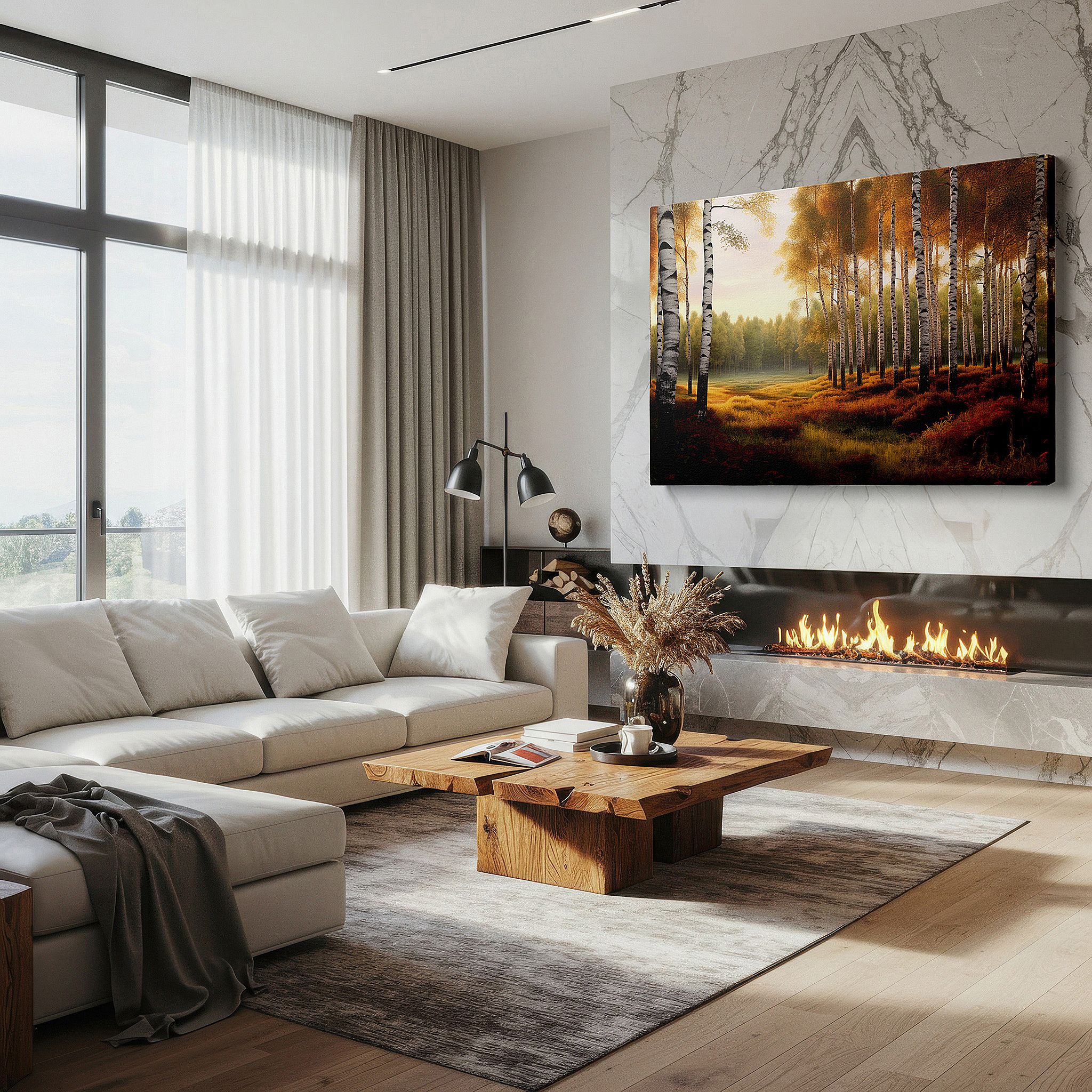 Positioned above a console table between ceramic vases — golden birch trees in a peaceful autumn meadow: large canvas wall art for office, bedroom, and living room decor