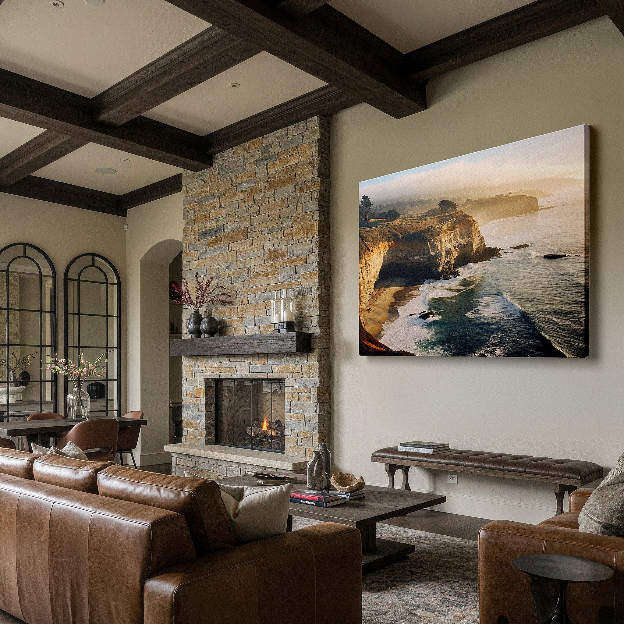 Positioned above a console table between ceramic vases — golden morning light on coastal cliffs: serene land and sea interaction large wall art, canvas wall art, wall decor, office wall art