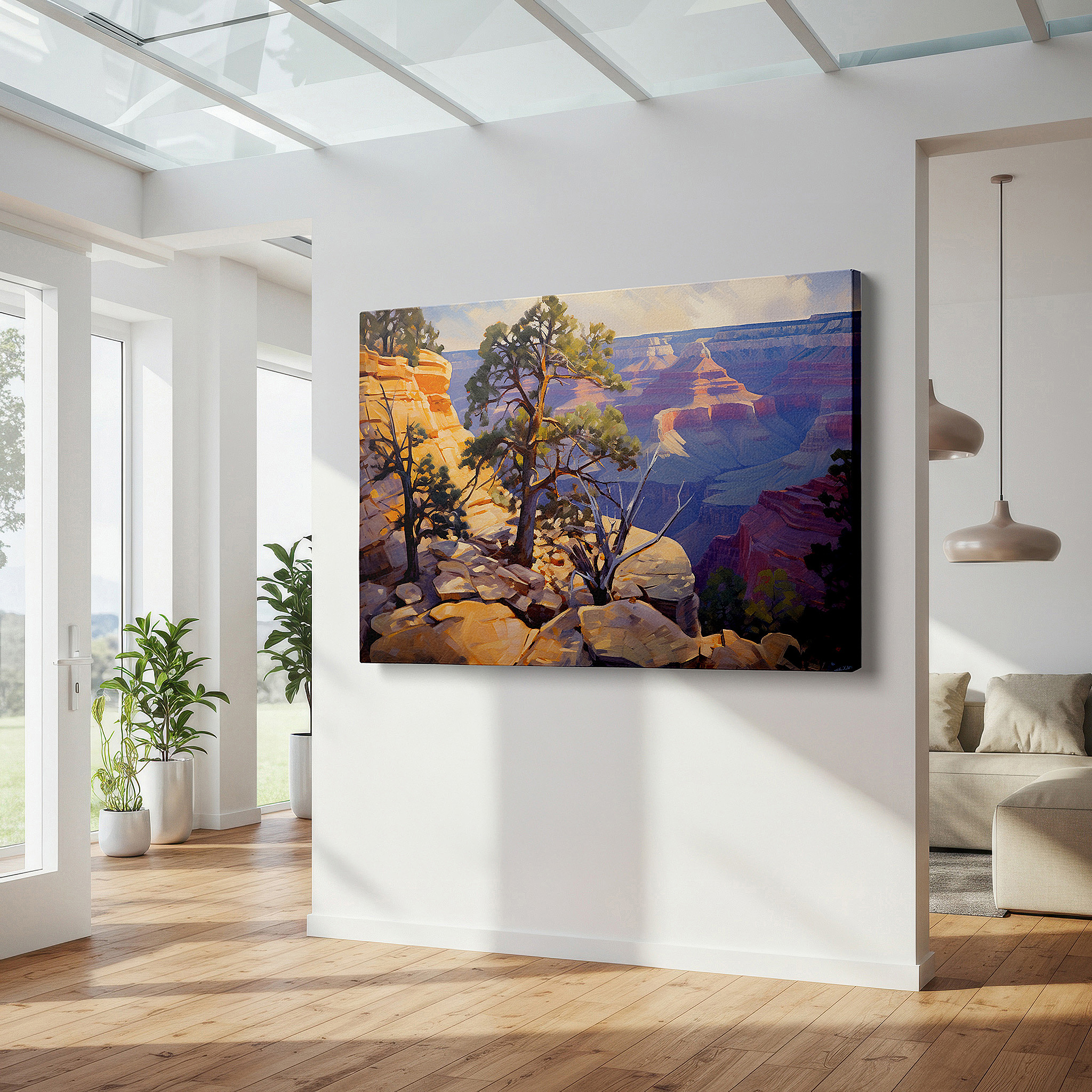 Positioned above a console table between ceramic vases — grand canyon solitary tree wall art - symbolizing endurance in a vibrant sunset, large canvas for home and office decor