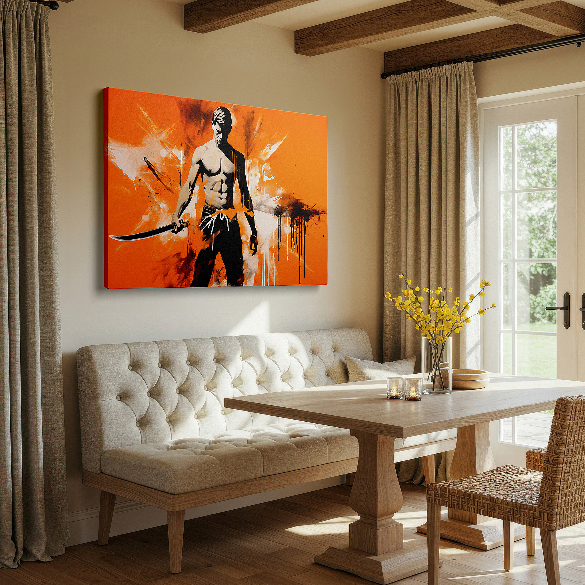 Positioned above a console table between ceramic vases — heroic silhouette set against a fiery orange backdrop, a bold display of determination and strength - large canvas wall art for office decor