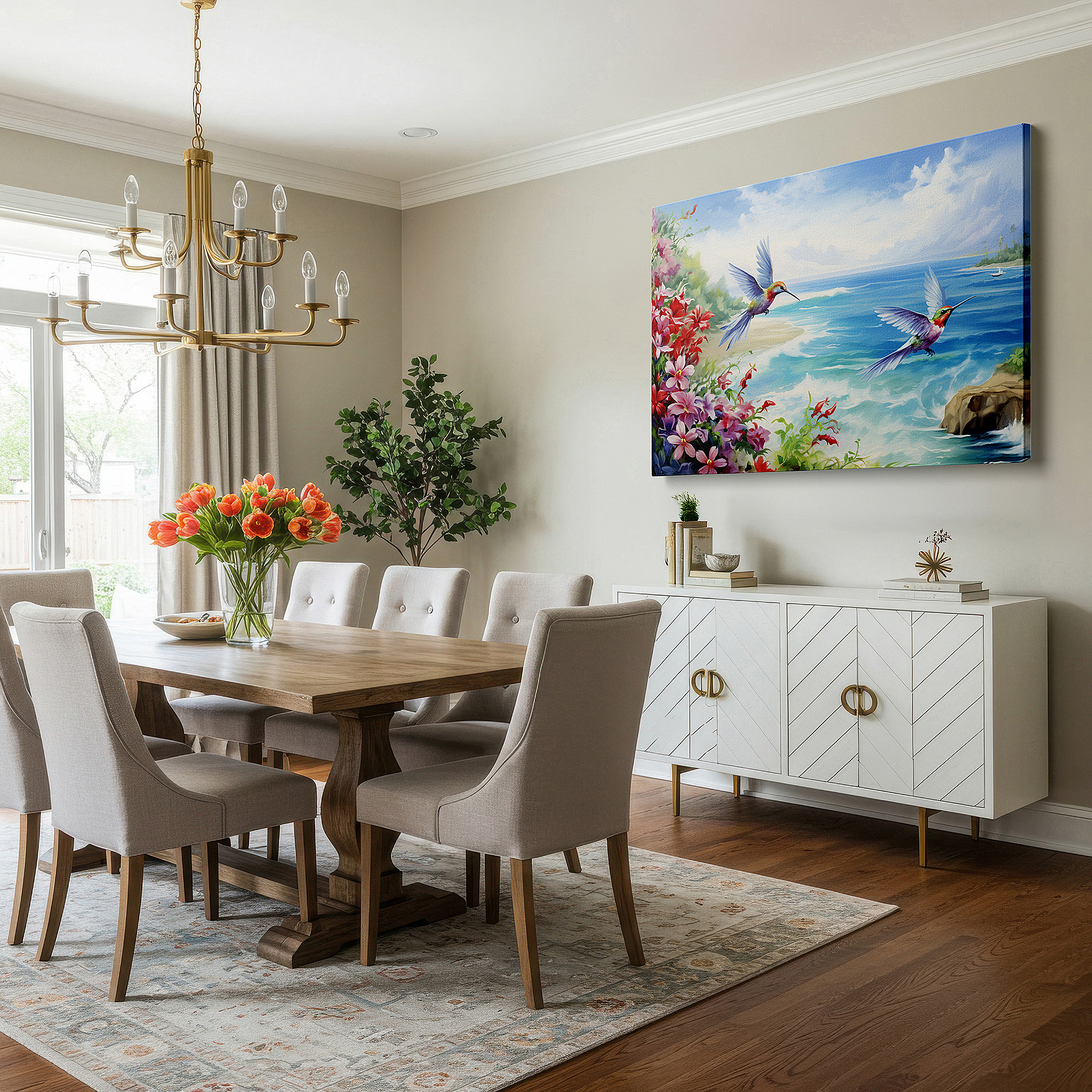 Positioned above a console table between ceramic vases — hummingbirds and tropical flowers with ocean view large wall art, canvas decor for office, bedroom, and living room