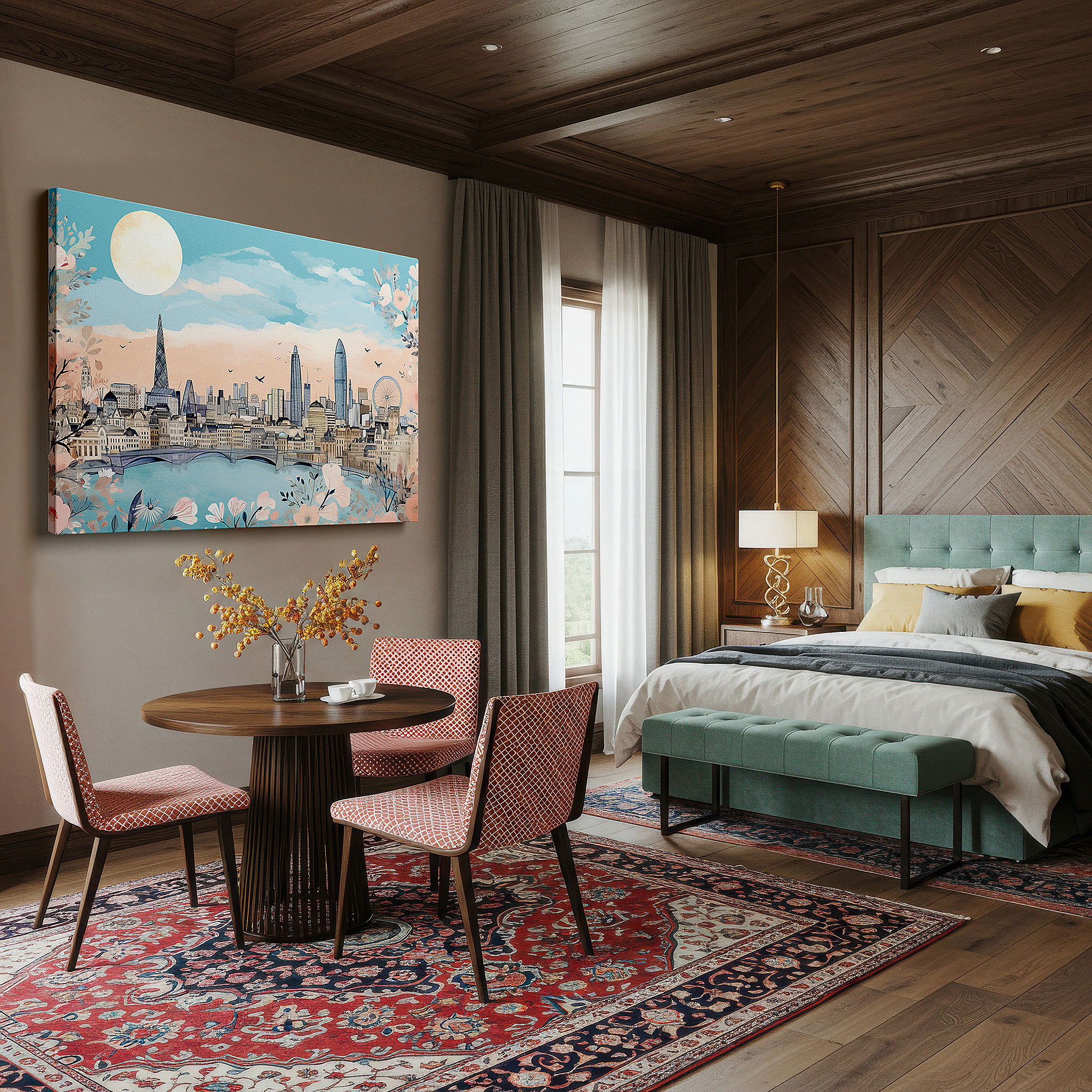Positioned above a console table between ceramic vases — london's skyline and nature's charm: a perfect fusion of urban splendor and botanical peace - large wall art, canvas wall art, wall decor