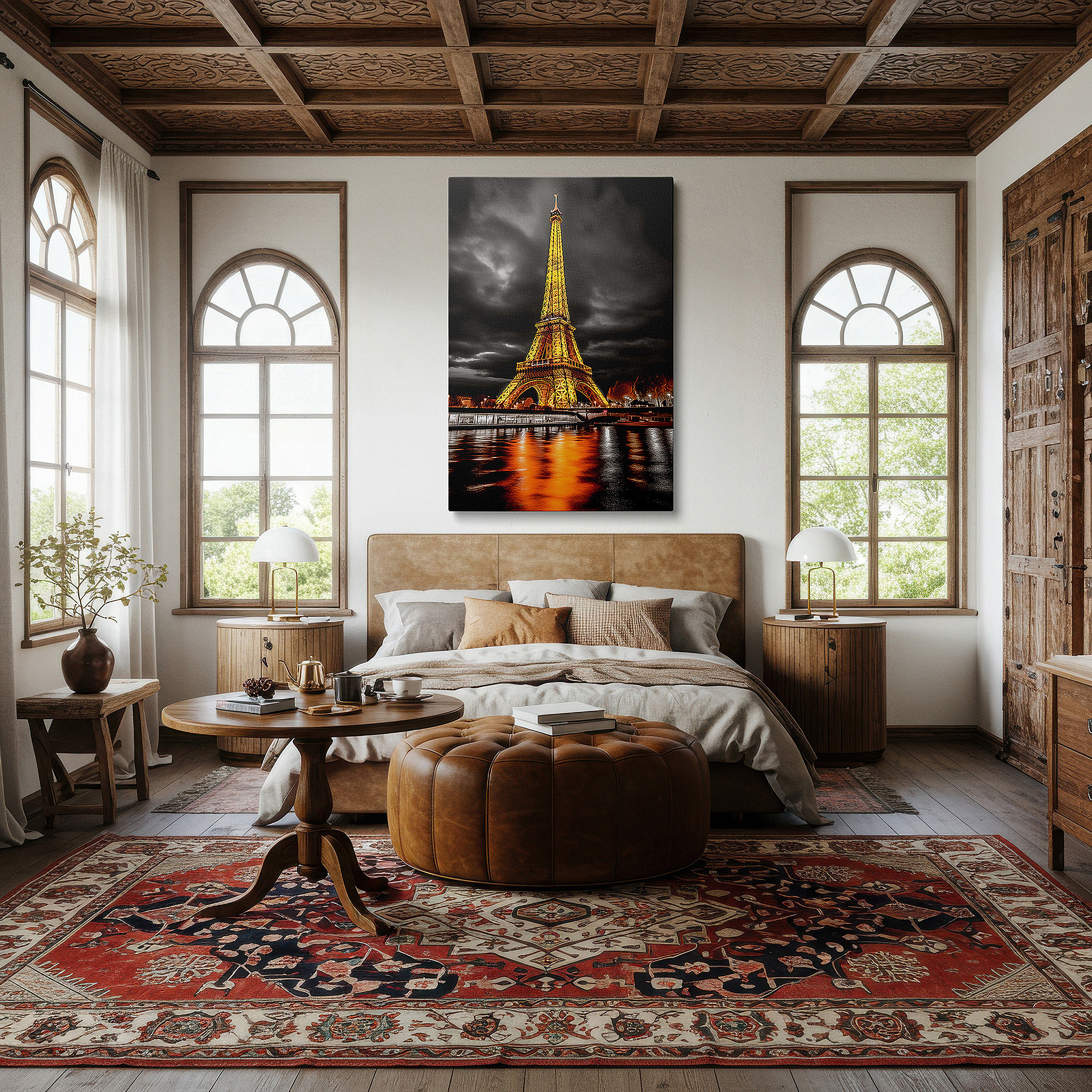 Positioned above a console table between ceramic vases — magical paris night sky and golden eiffel tower large canvas wall art for bedroom and office decor