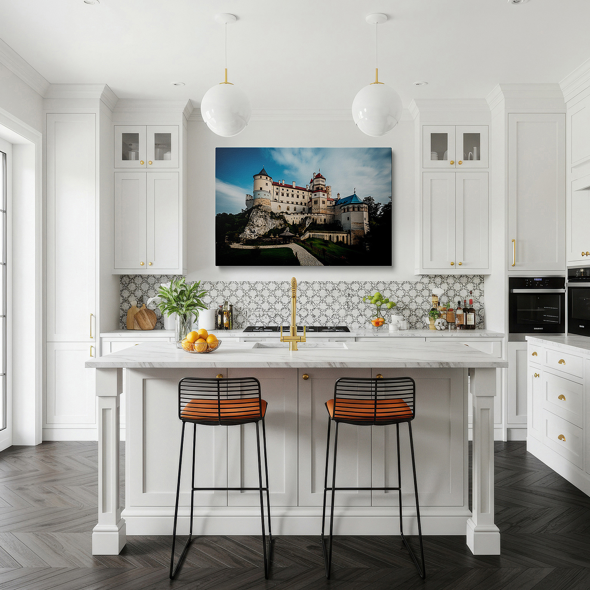 Positioned above a console table between ceramic vases — majestic castle on a cliff surrounded by lush greenery under a bright sky - large canvas wall art for home and office decor