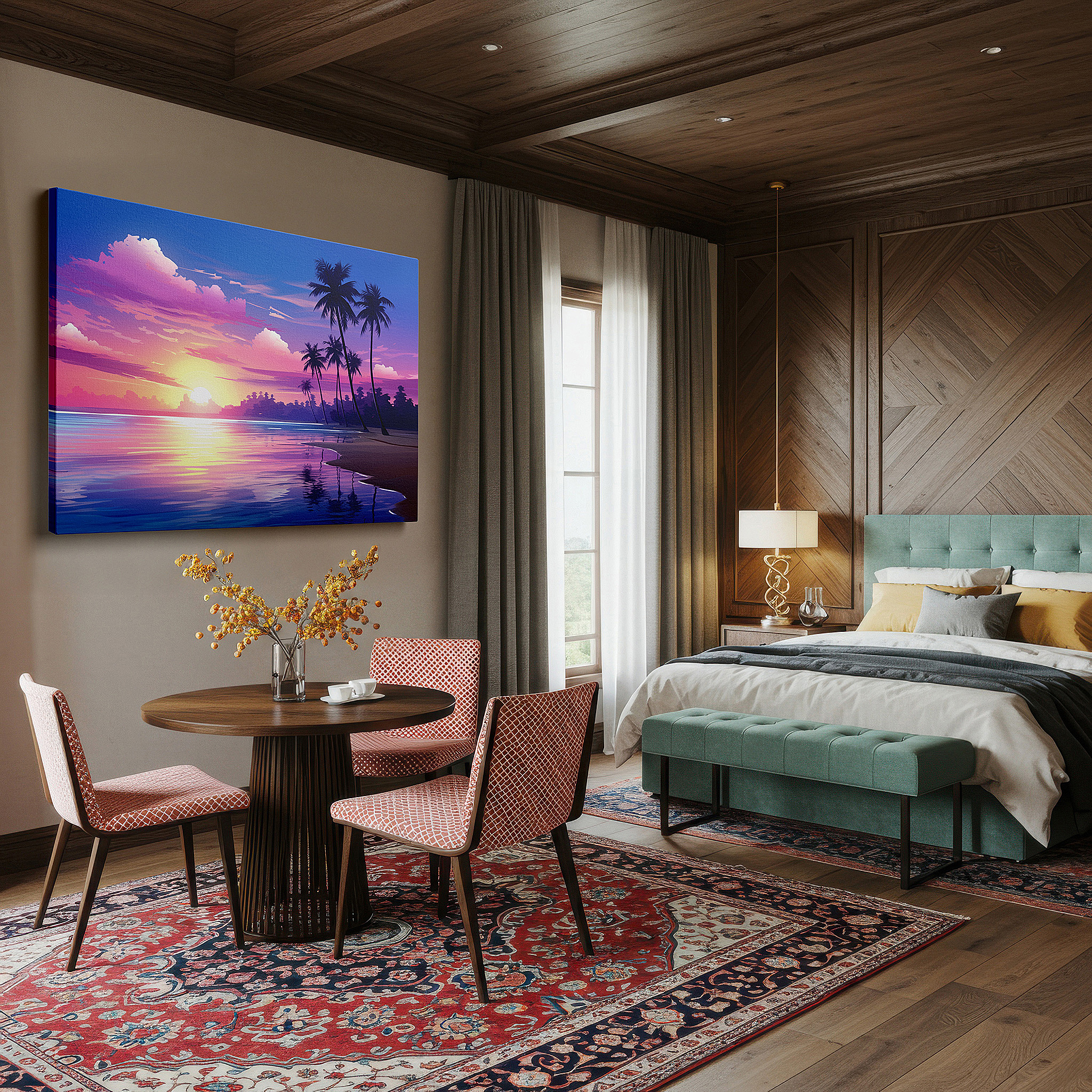 Positioned above a console table between ceramic vases — majestic palm silhouettes against a vibrant sunset sky, serene beach paradise large wall art, canvas wall art, wall decor for office and bedroom