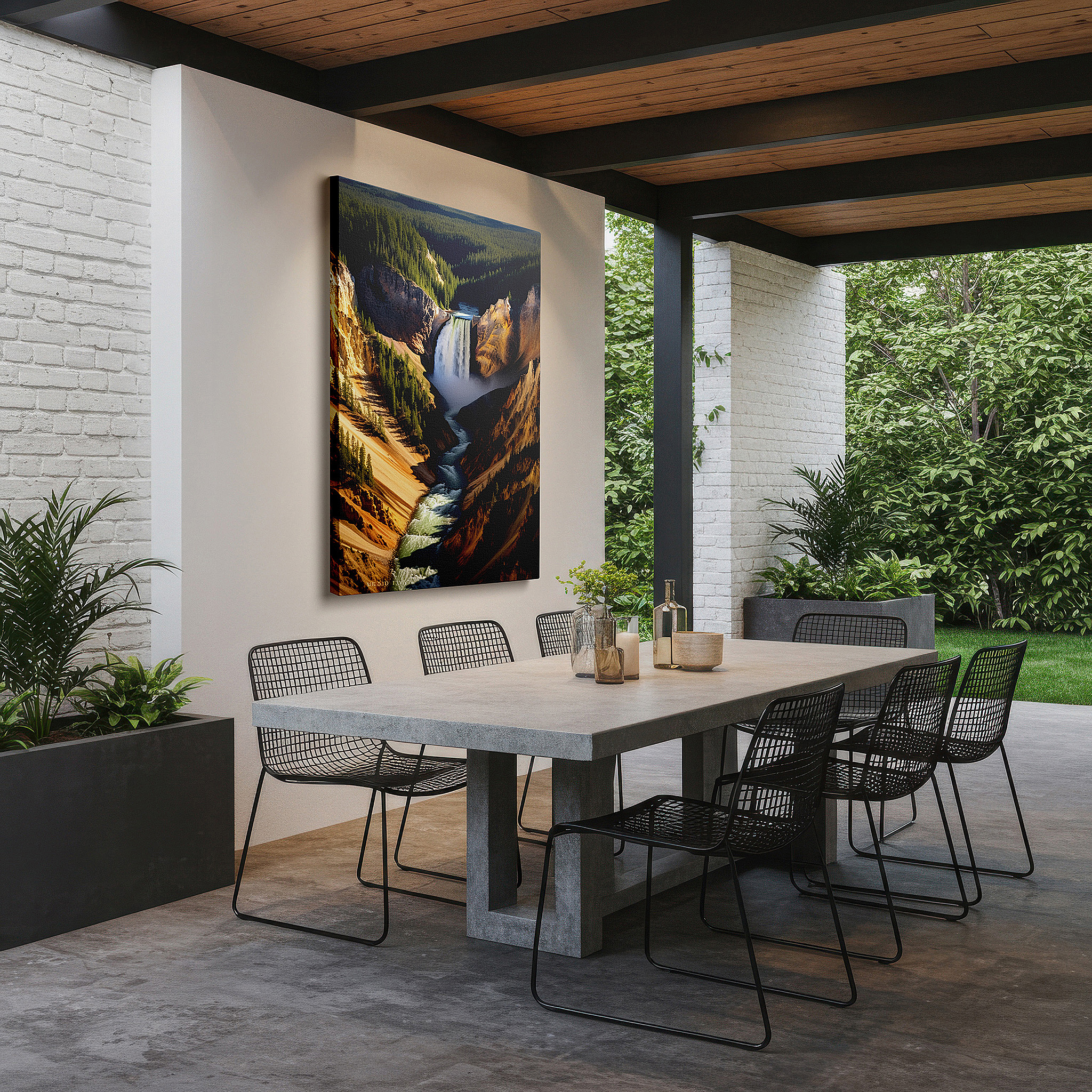Positioned above a console table between ceramic vases — majestic waterfall and rugged canyon wall art - celebrating the power and beauty of nature, perfect for office and bedroom decor, available as large canvas
