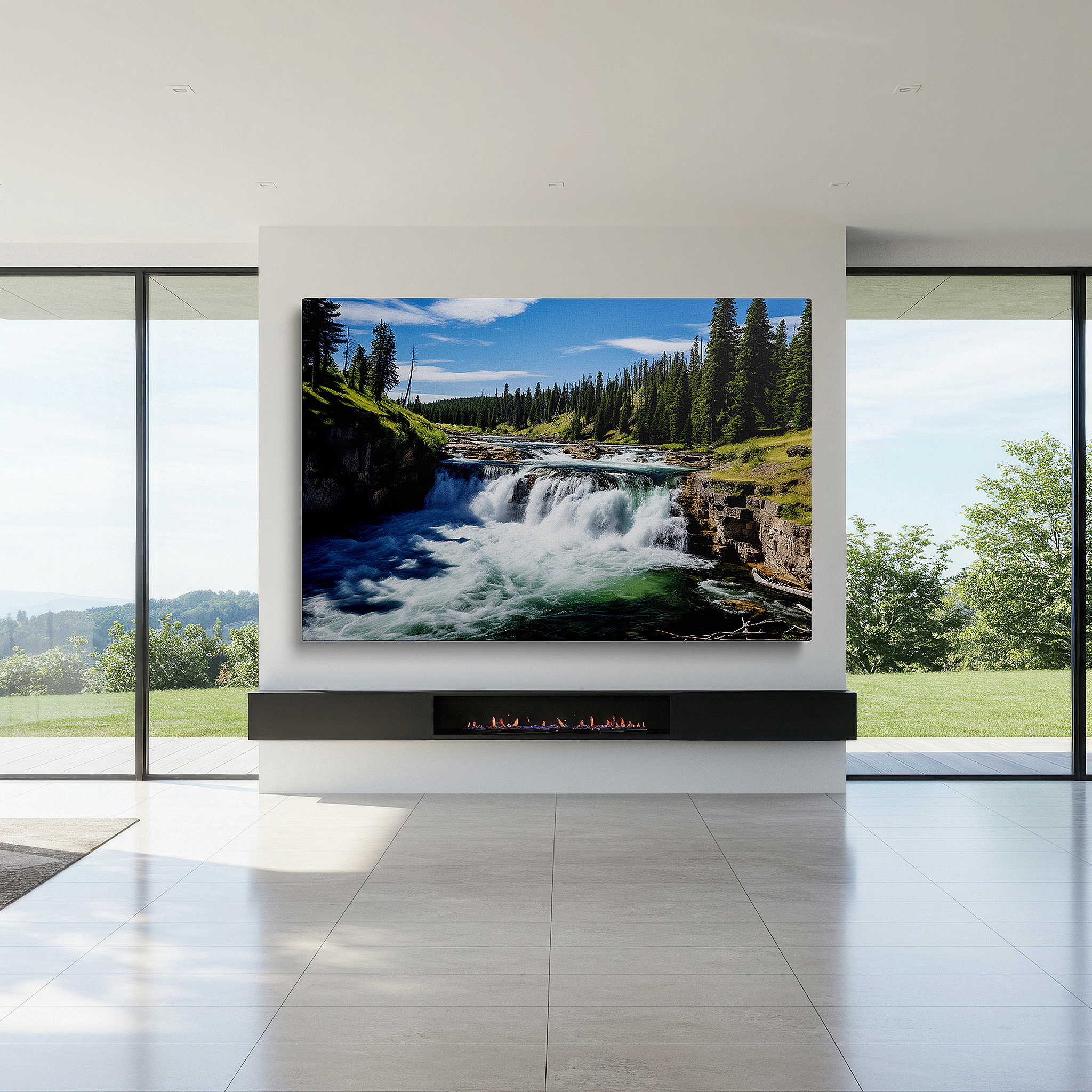 Positioned above a console table between ceramic vases — majestic waterfall and serene pool canvas wall art surrounded by lush greenery for office, living room, and bedroom decor